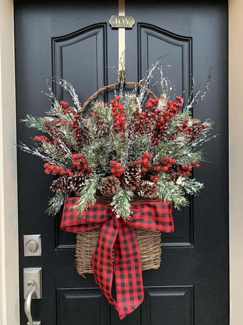 Flocked Pine and Red Berry Front Door Basket Wreath