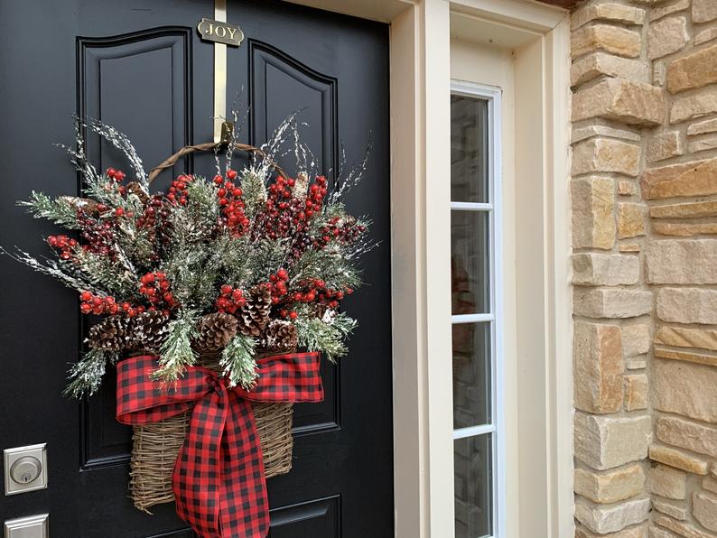 Snow-Dusted Front Door Basket with Ribbon