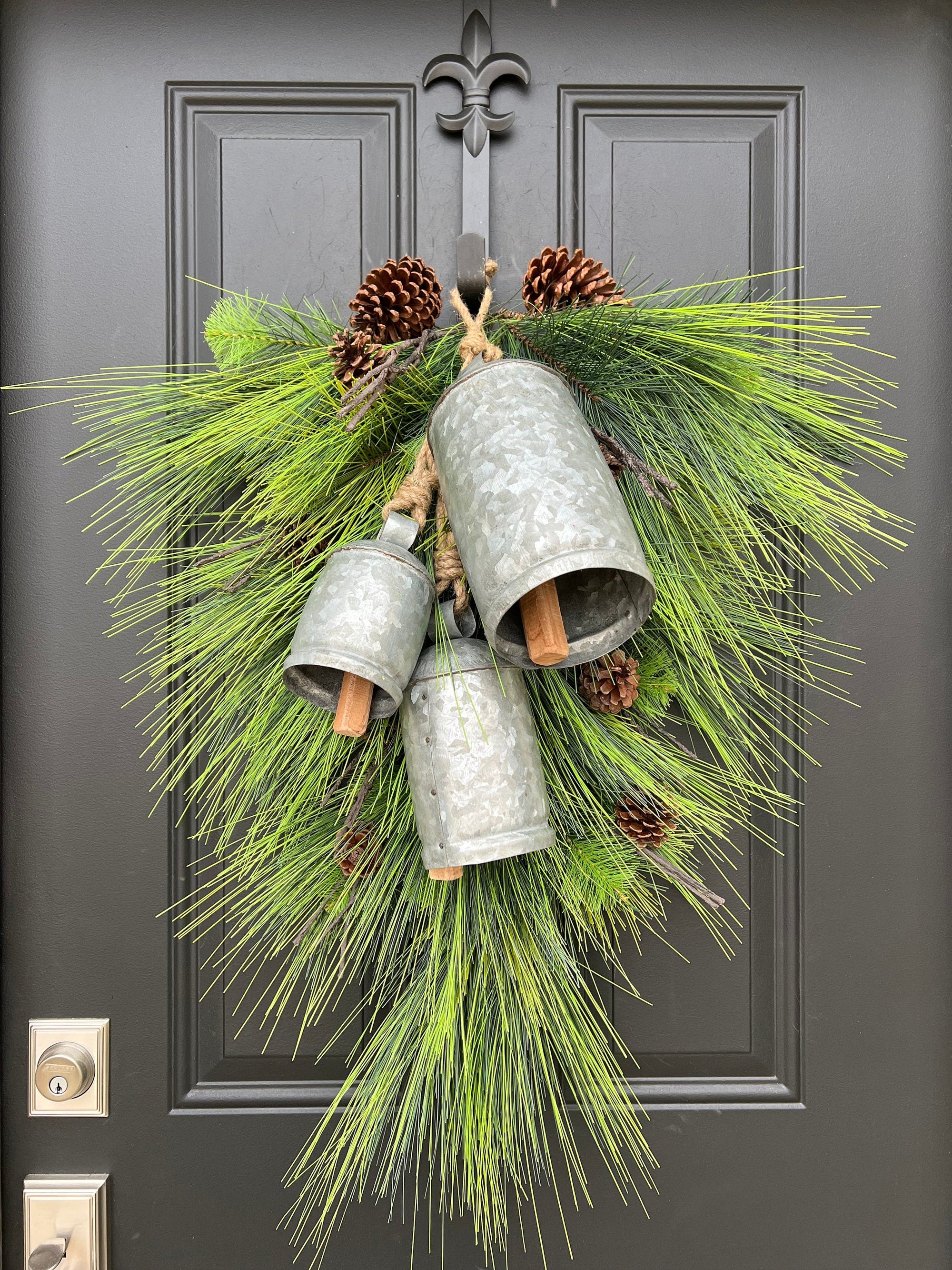 30" Winter Pine Teardrop Swag with Decorative Bells and Pinecones - Ready to Ship