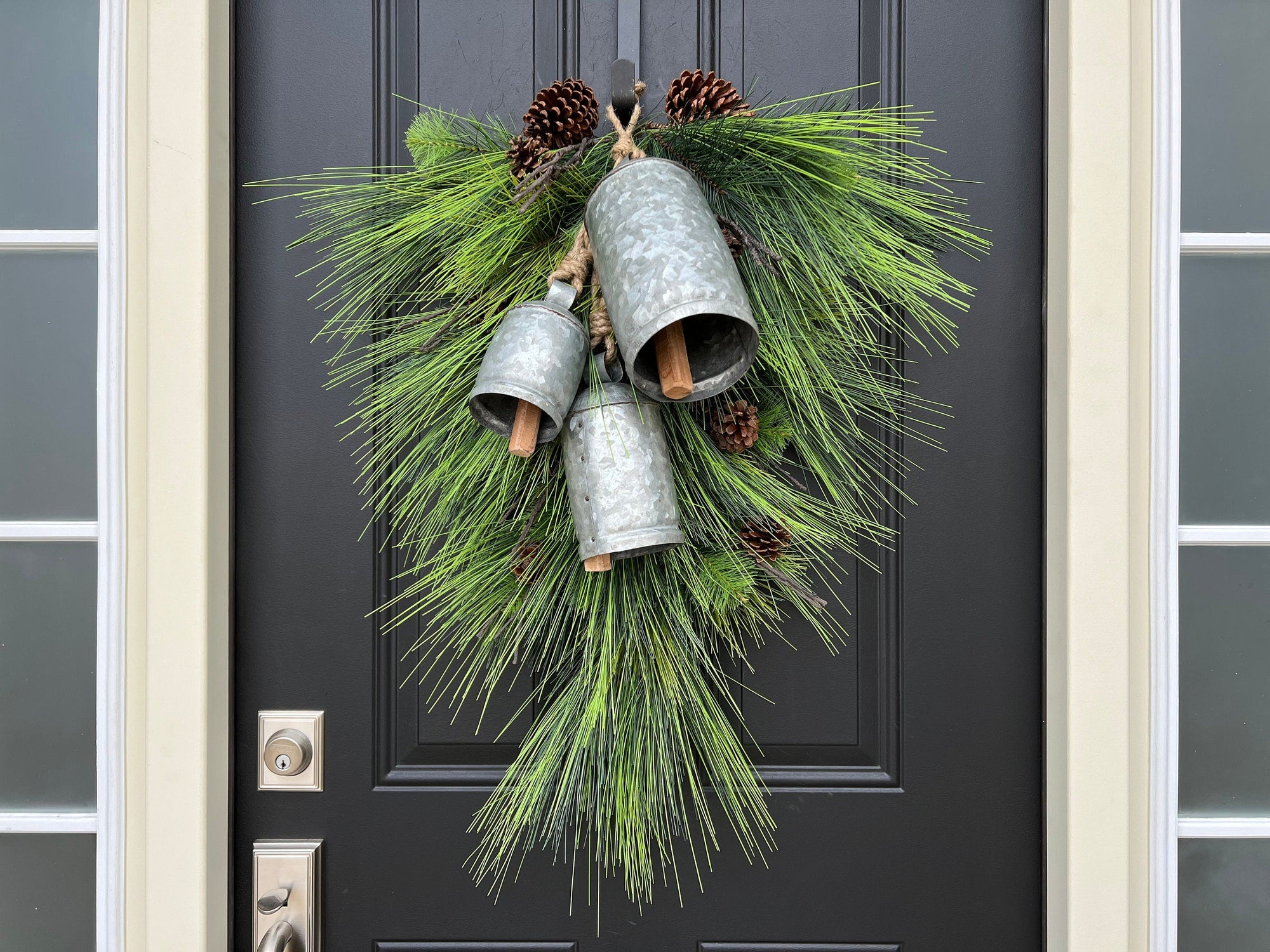 30" Winter Pine Teardrop Swag with Decorative Bells and Pinecones - Ready to Ship