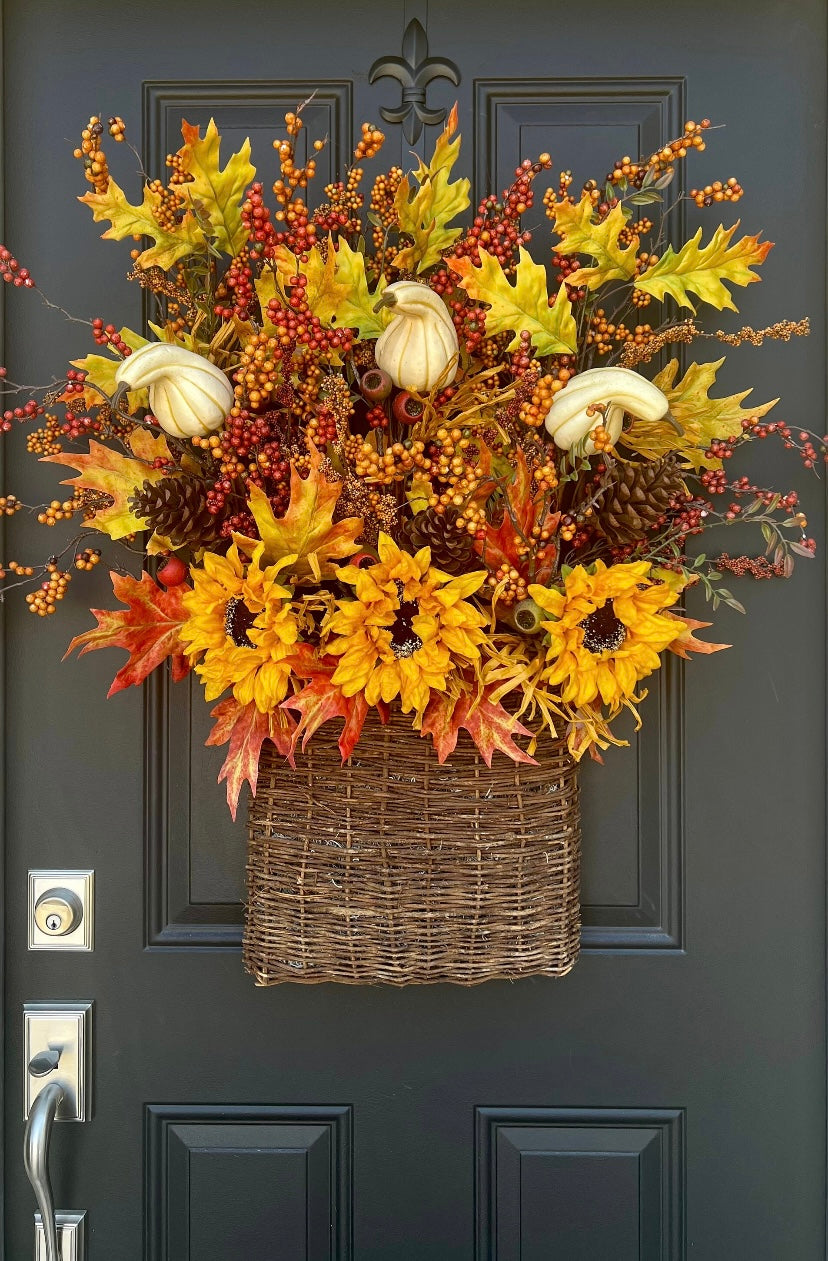 Abundant Autumn Basket Wreath with Gourds and Sunflowers