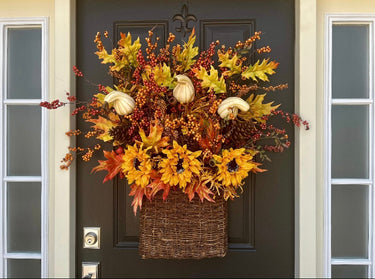 Abundant Autumn Basket Wreath with Gourds and Sunflowers - TwoInspireYou