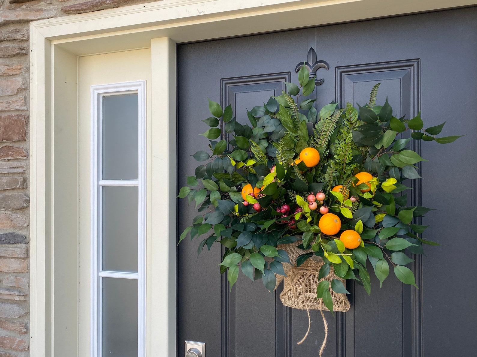 Orange and Crabapple Burlap Wrapped Bouquet Wreath