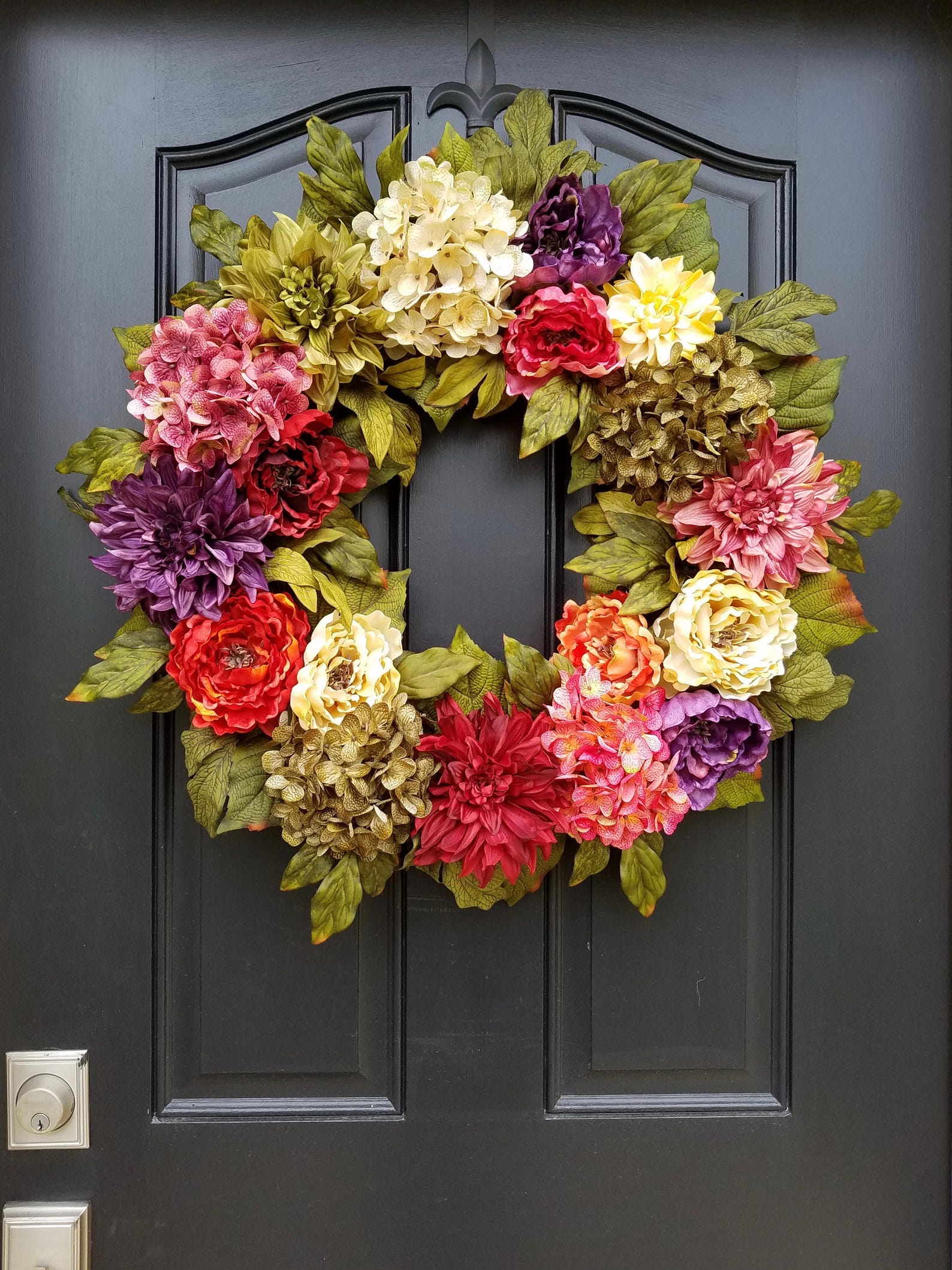 Bright, Bold and Beautiful Summer Front Door Wreath with Peonies, Hydrangeas and Dahlias