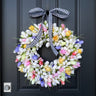easter tulip wreath, pastel tulips, easter spring tulip wreath on front door, black front door, black and white check bow, up close view