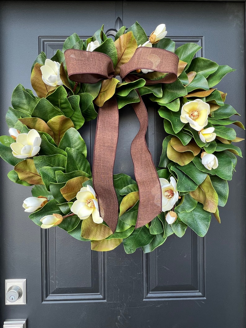 Modern Magnolia Wreath with Brown Ribbon