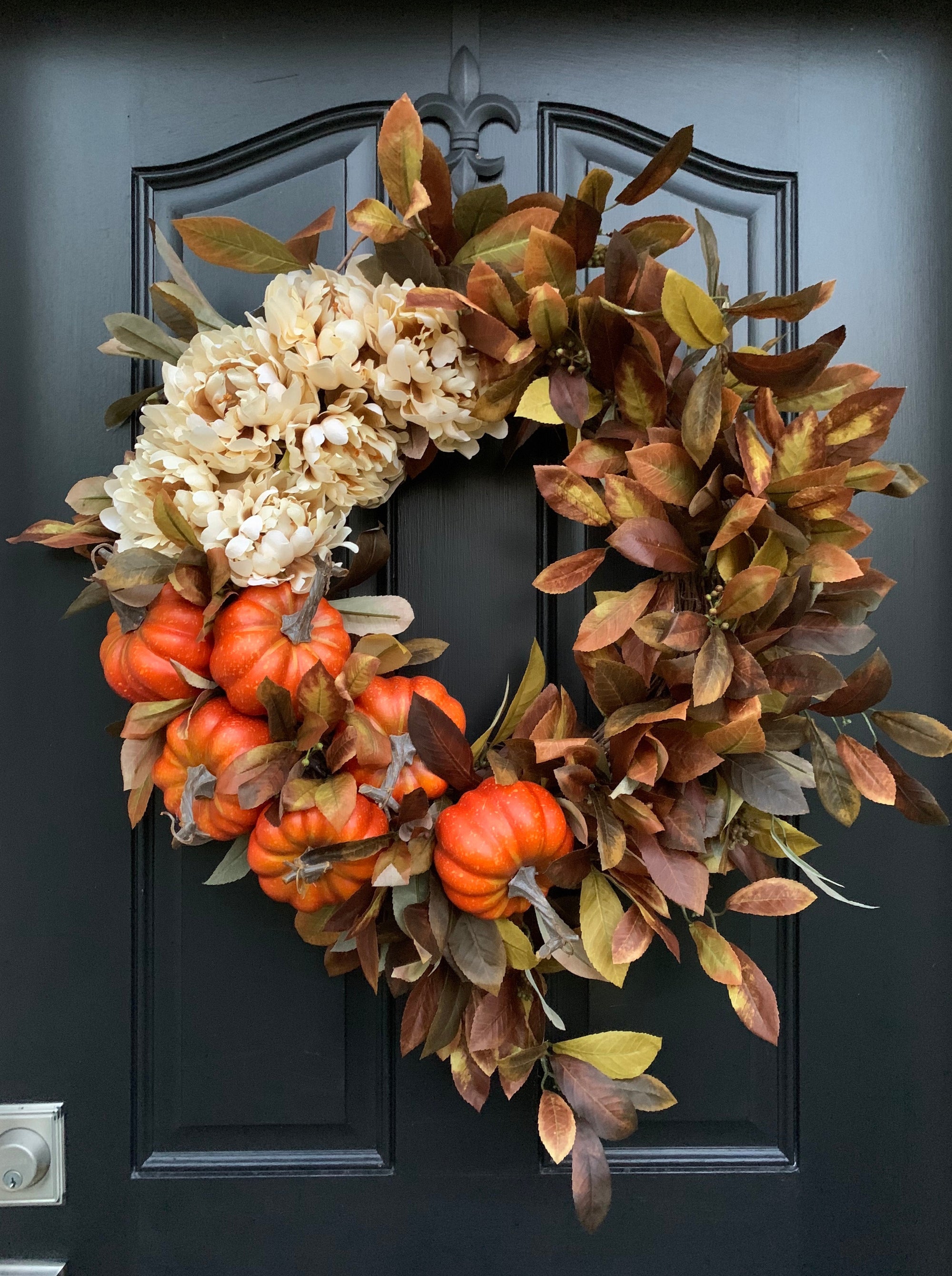 Fall Wreath with cream peonies and pumpkins