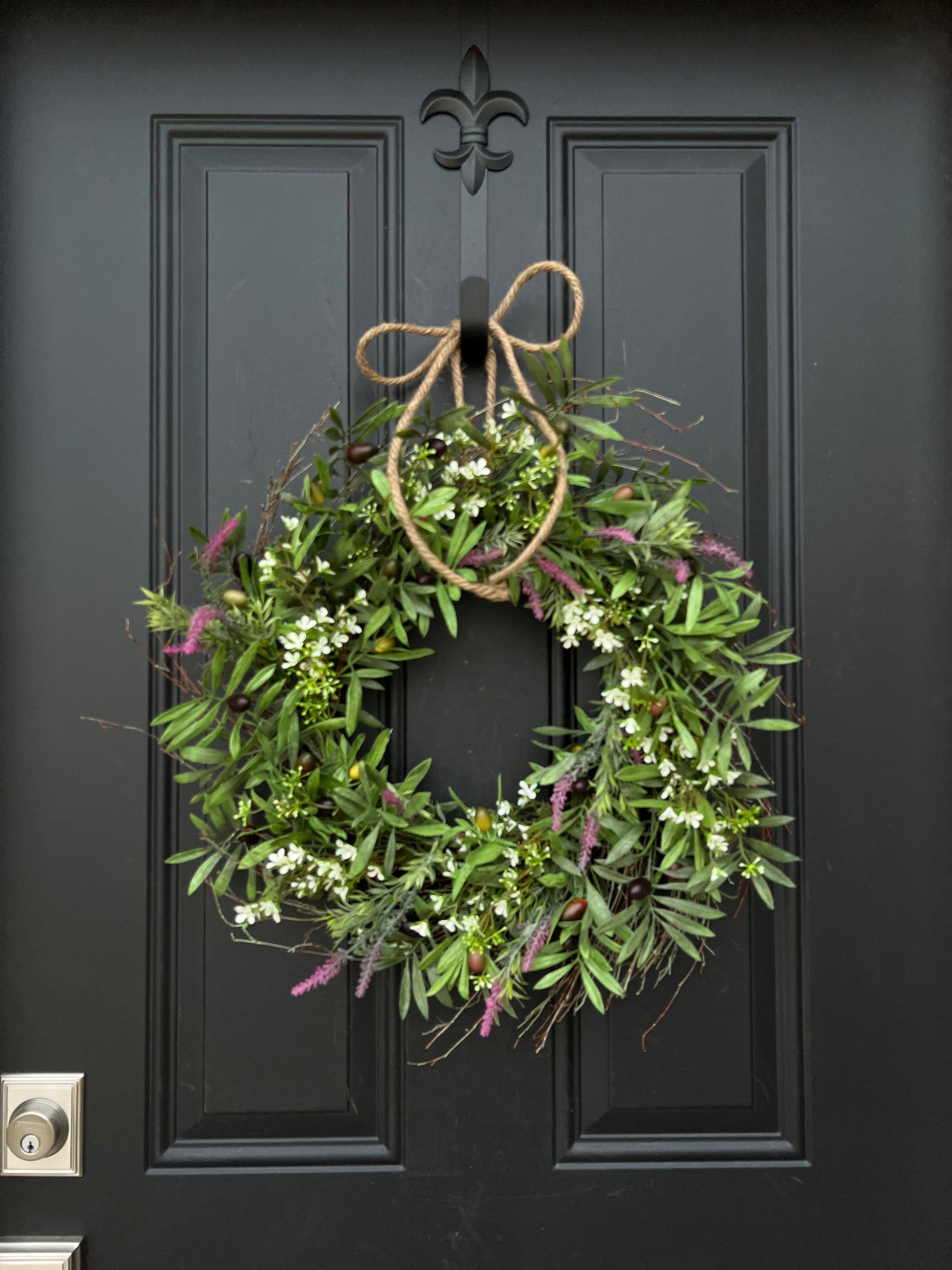 Olive Wreath with Lavender and White Flowers 