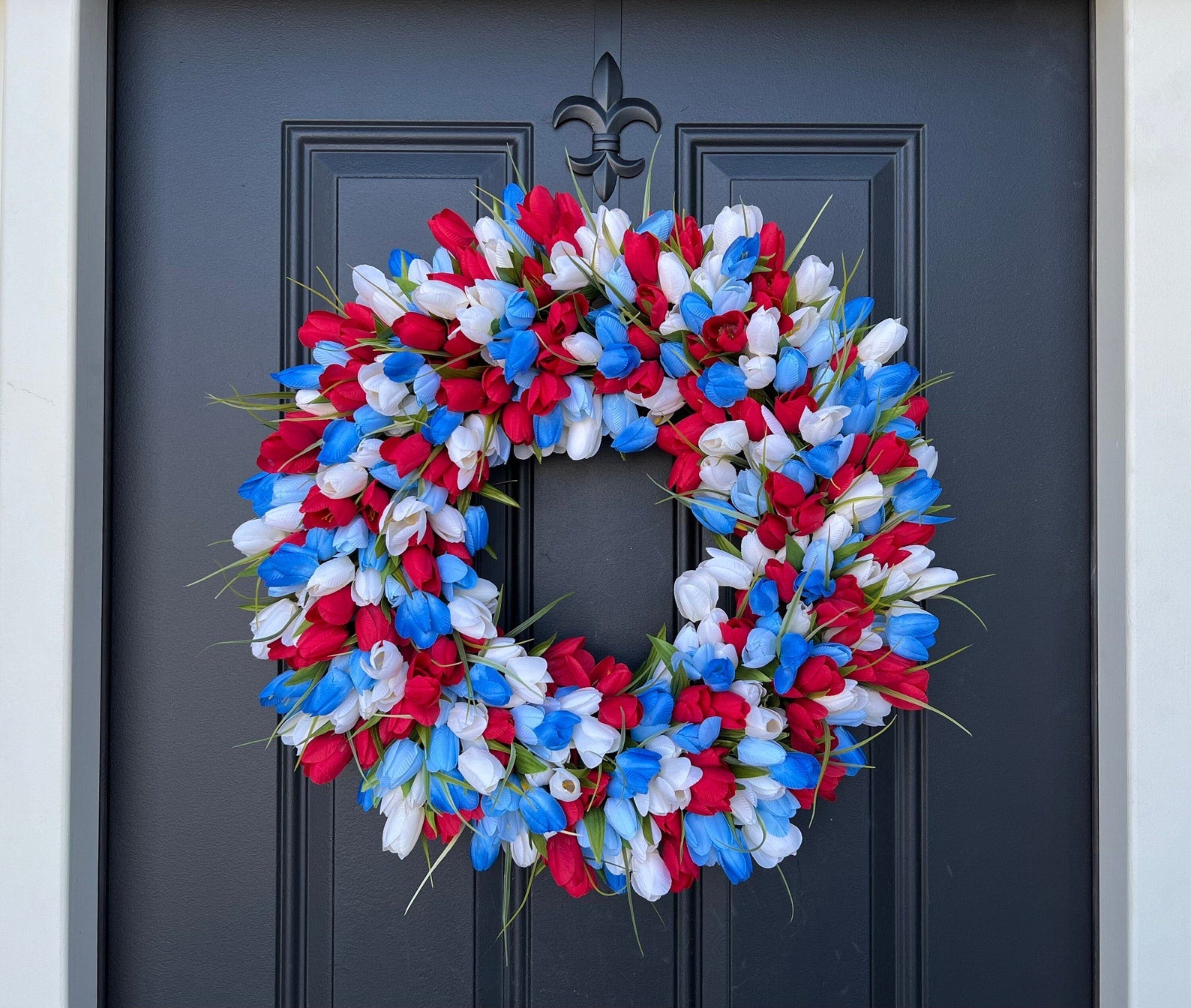 All-American Tulip Wreath with Red, White & Blue Flowers