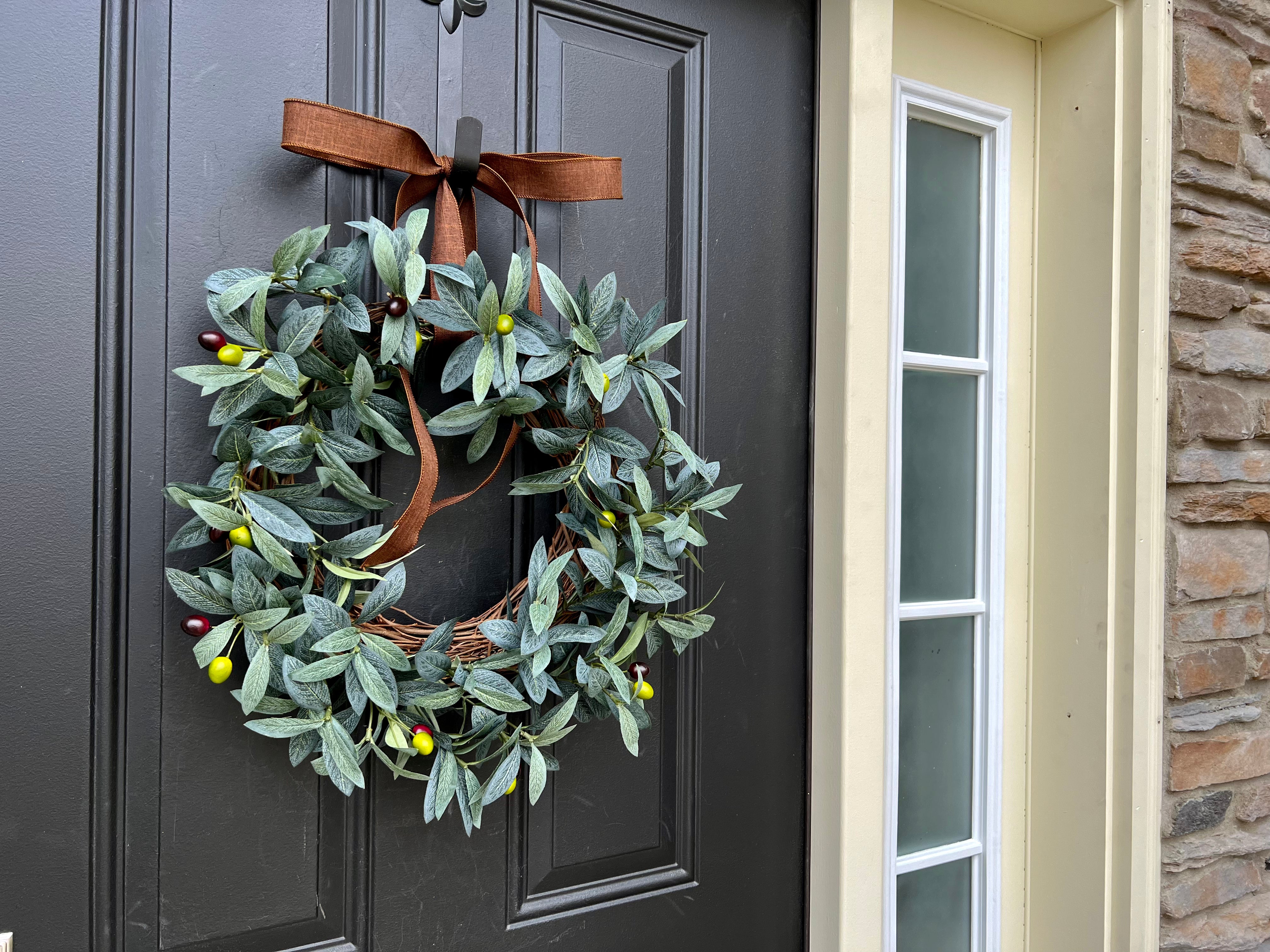 Modern Rustic Olive Wreath with Brown Ribbon