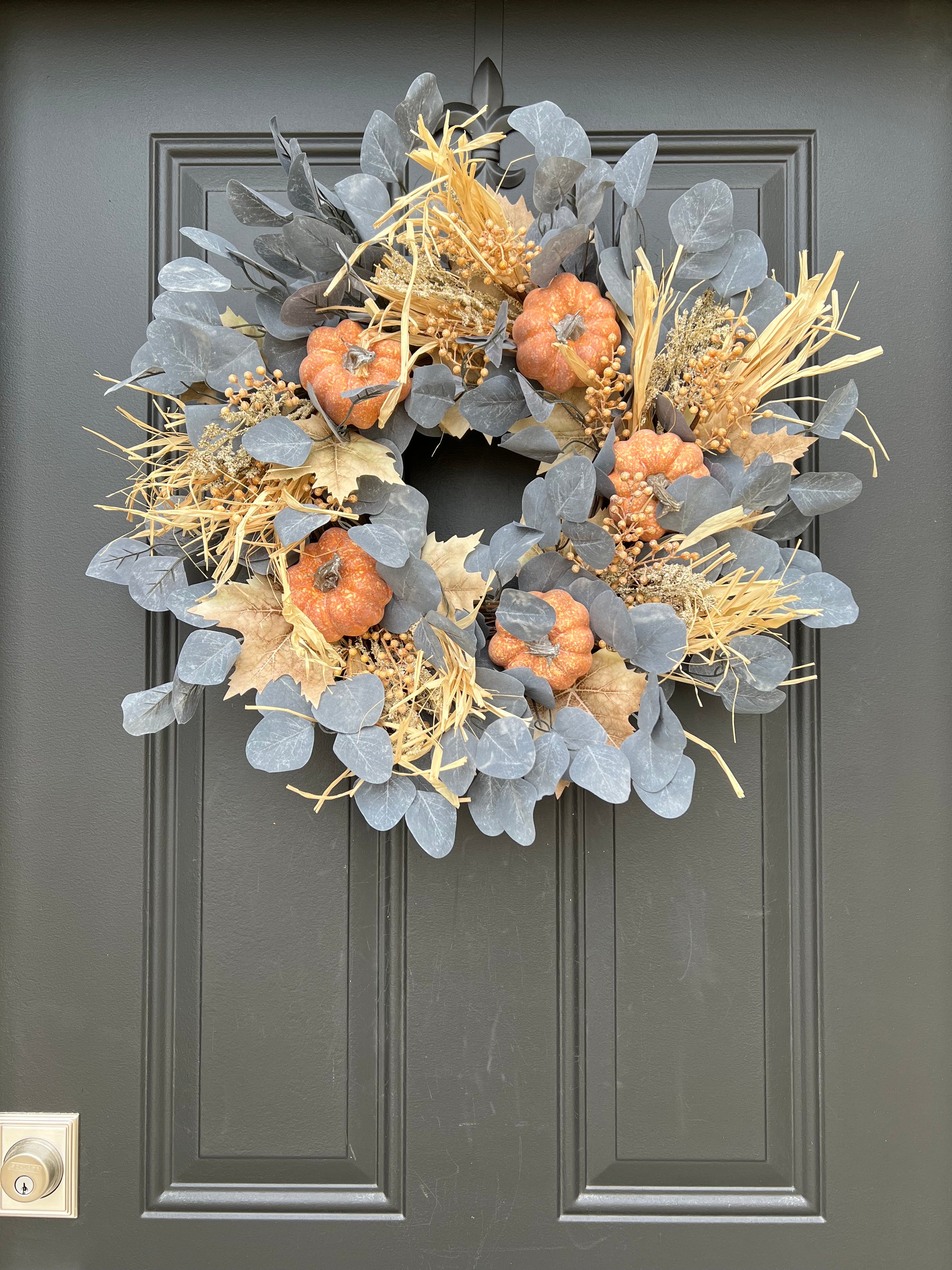 Blue Eucalyptus, Wheat and Pumpkin Wreath