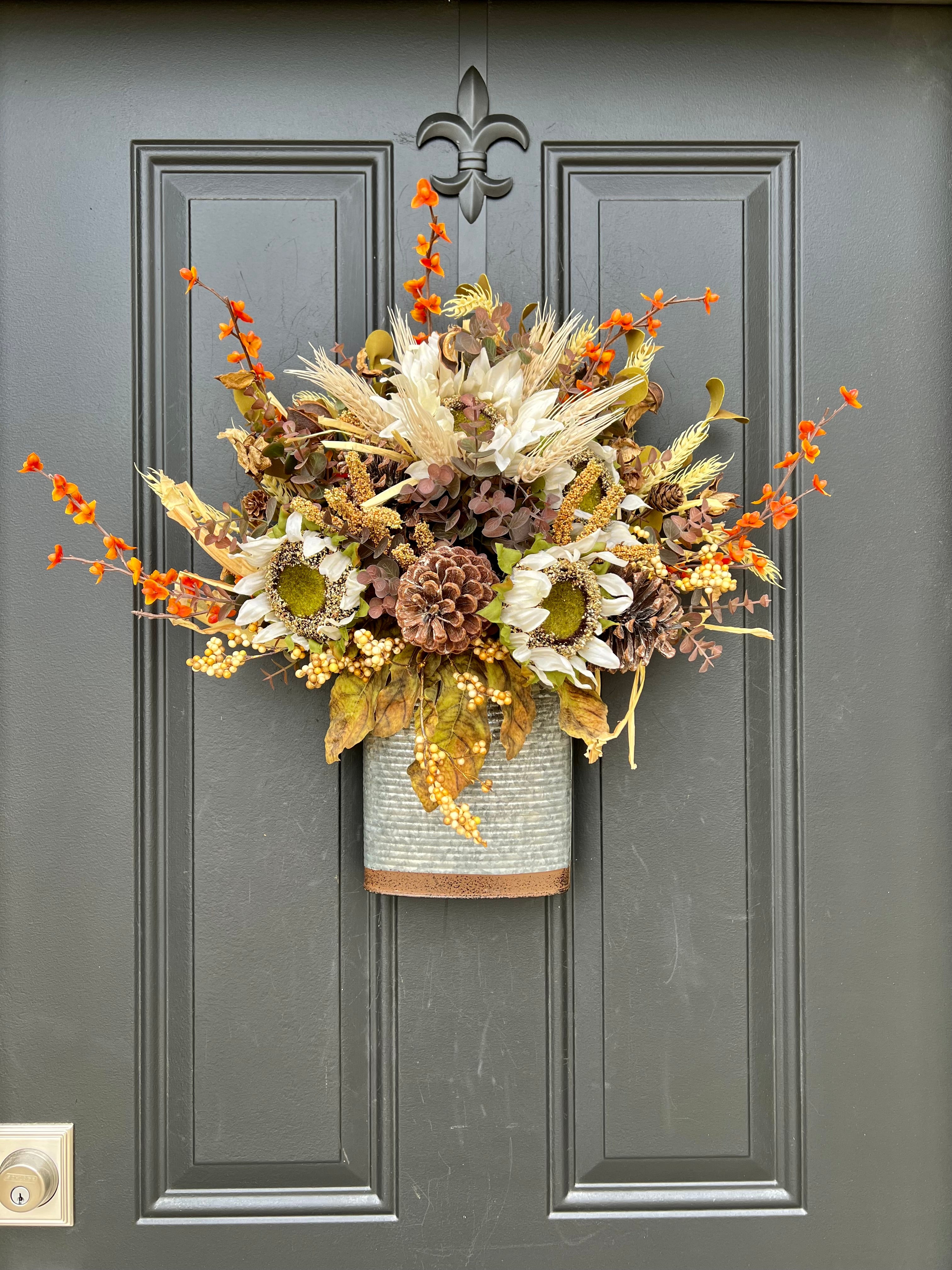 Farmhouse White Sunflower Bucket Wreath