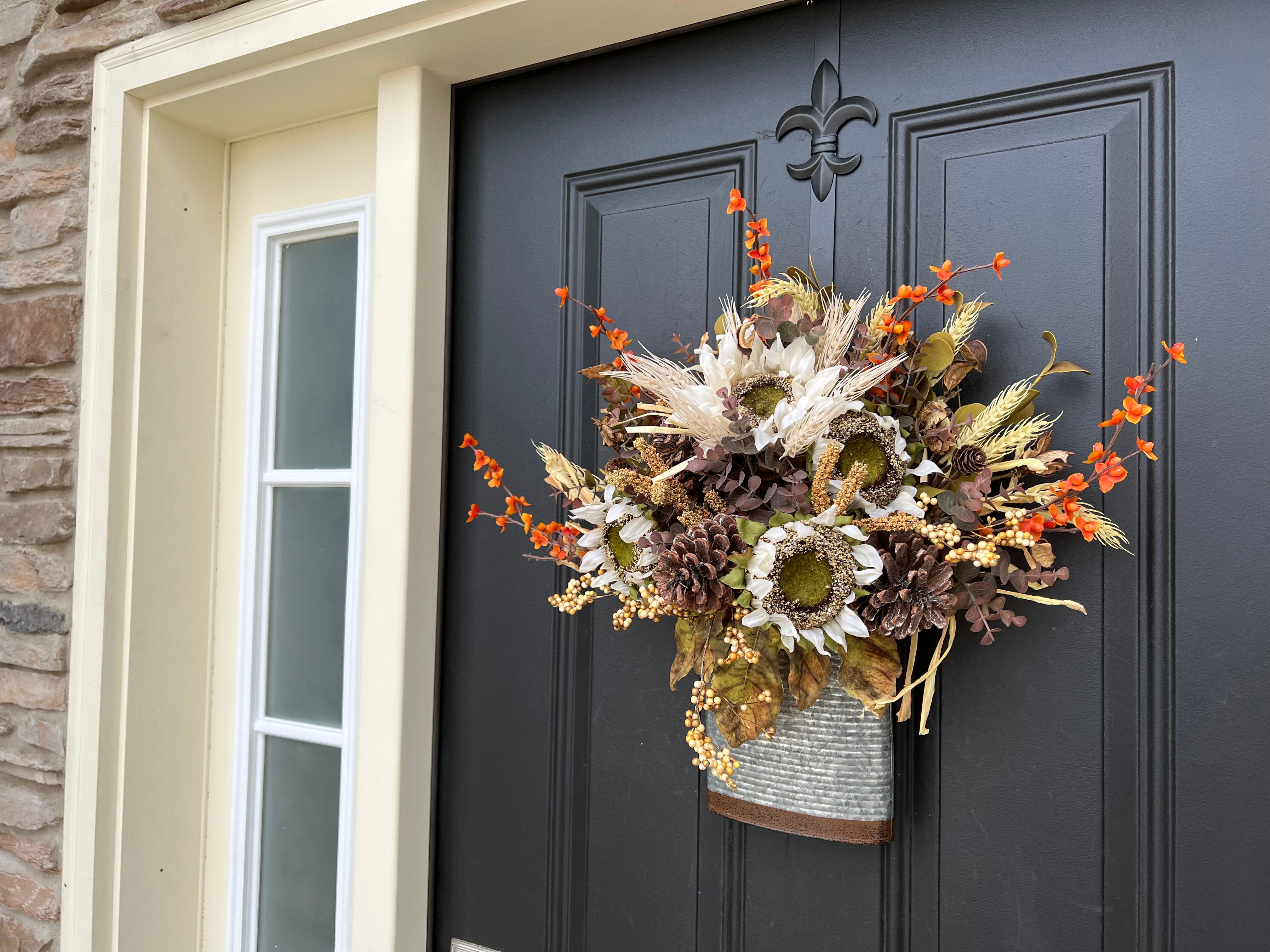 Farmhouse White Sunflower Bucket Wreath