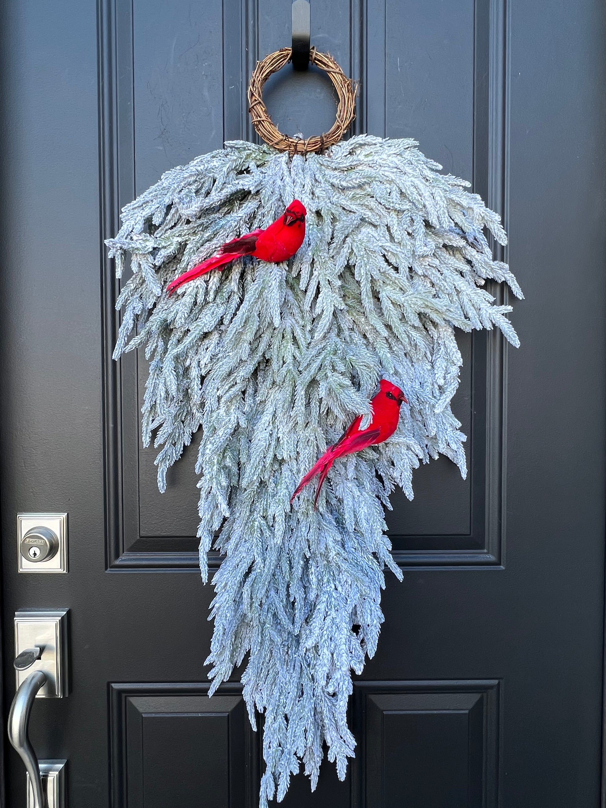 Wintery Wonderland, Snow Flocked Teardrop Wreath for Front Door