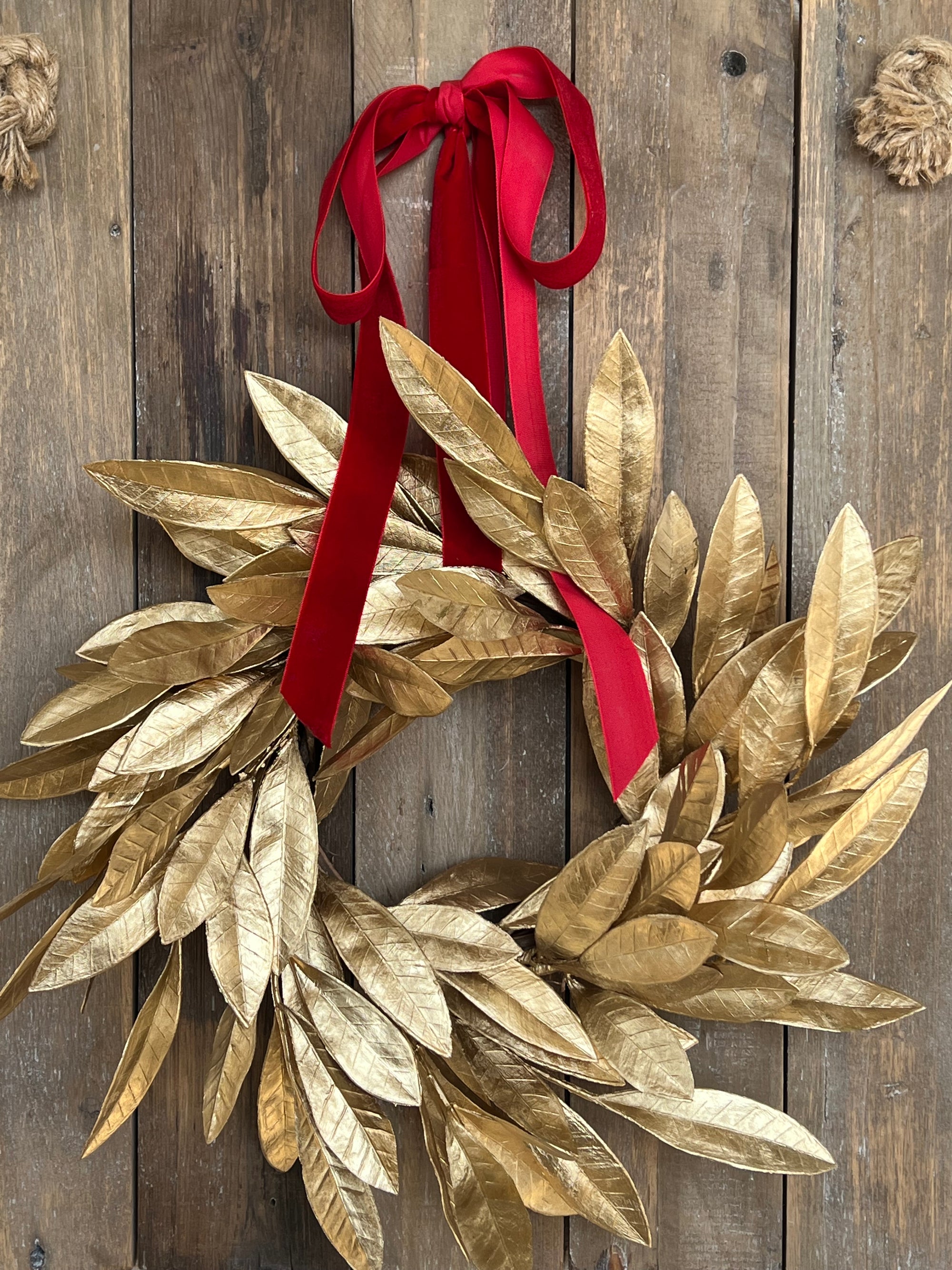Christmas Window Wreaths, Mini Gold Bayleaf Wreath with Velvet Ribbon