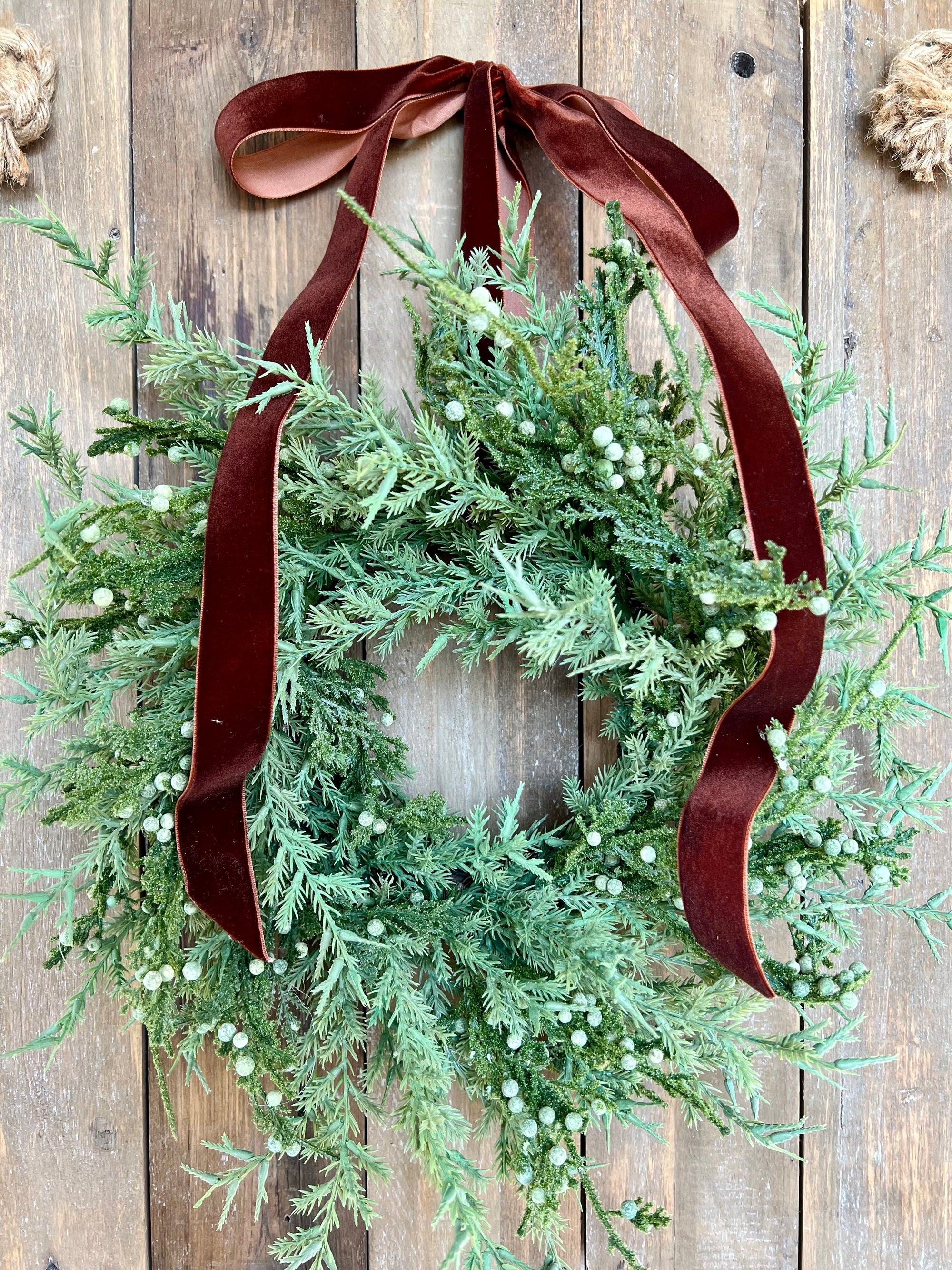 Christmas Window Wreaths, Mini Pine and Juniper Wreath with Velvet Ribbon