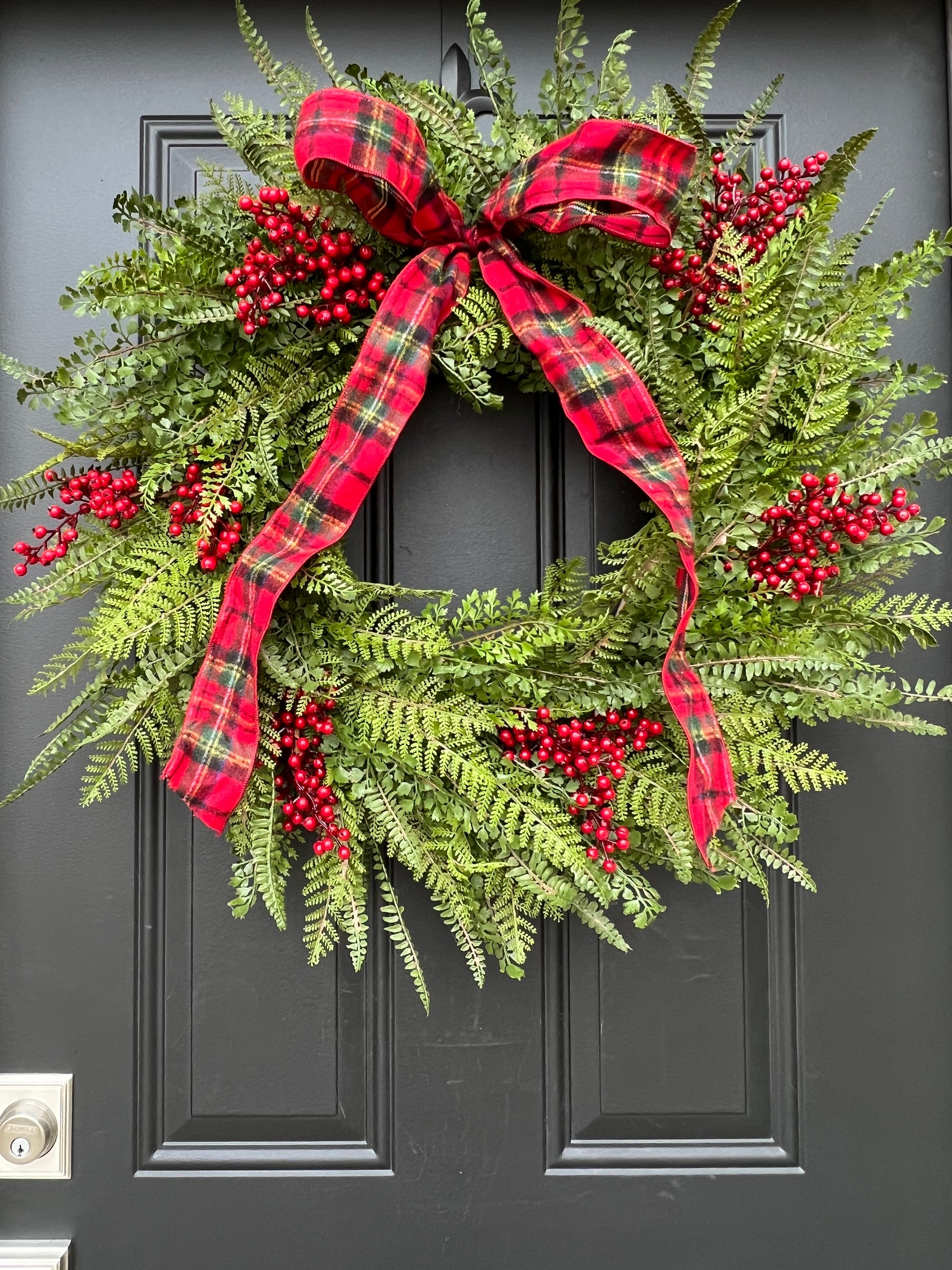 Christmas Fern Wreath with Red Berries and Plaid Bow