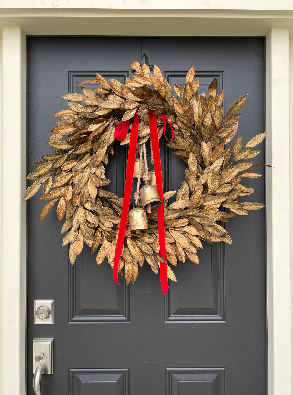 Gold Bayleaf Wreath with Decorative Hanging Gold Bells and Red Velvet
