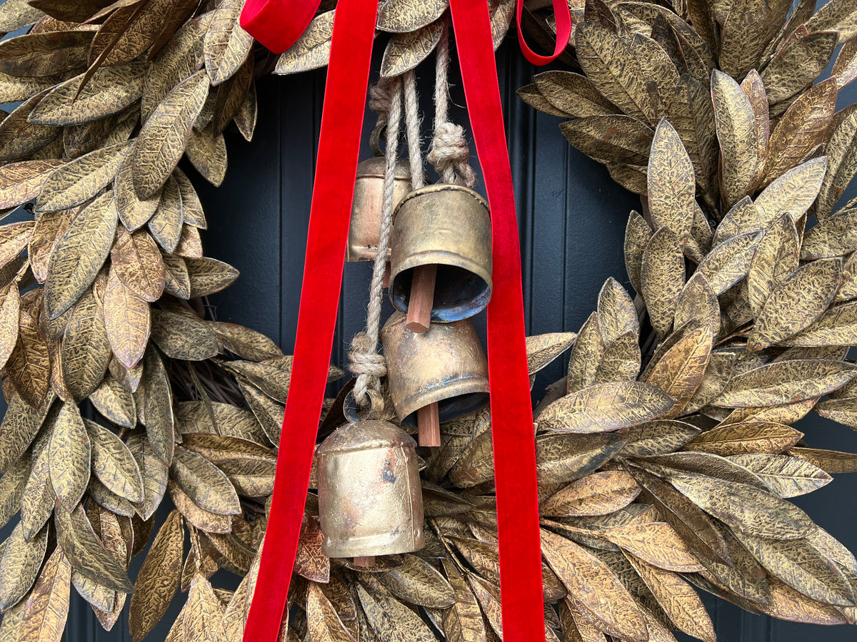 Gold Bayleaf Wreath with Decorative Hanging Gold Bells and Red Velvet