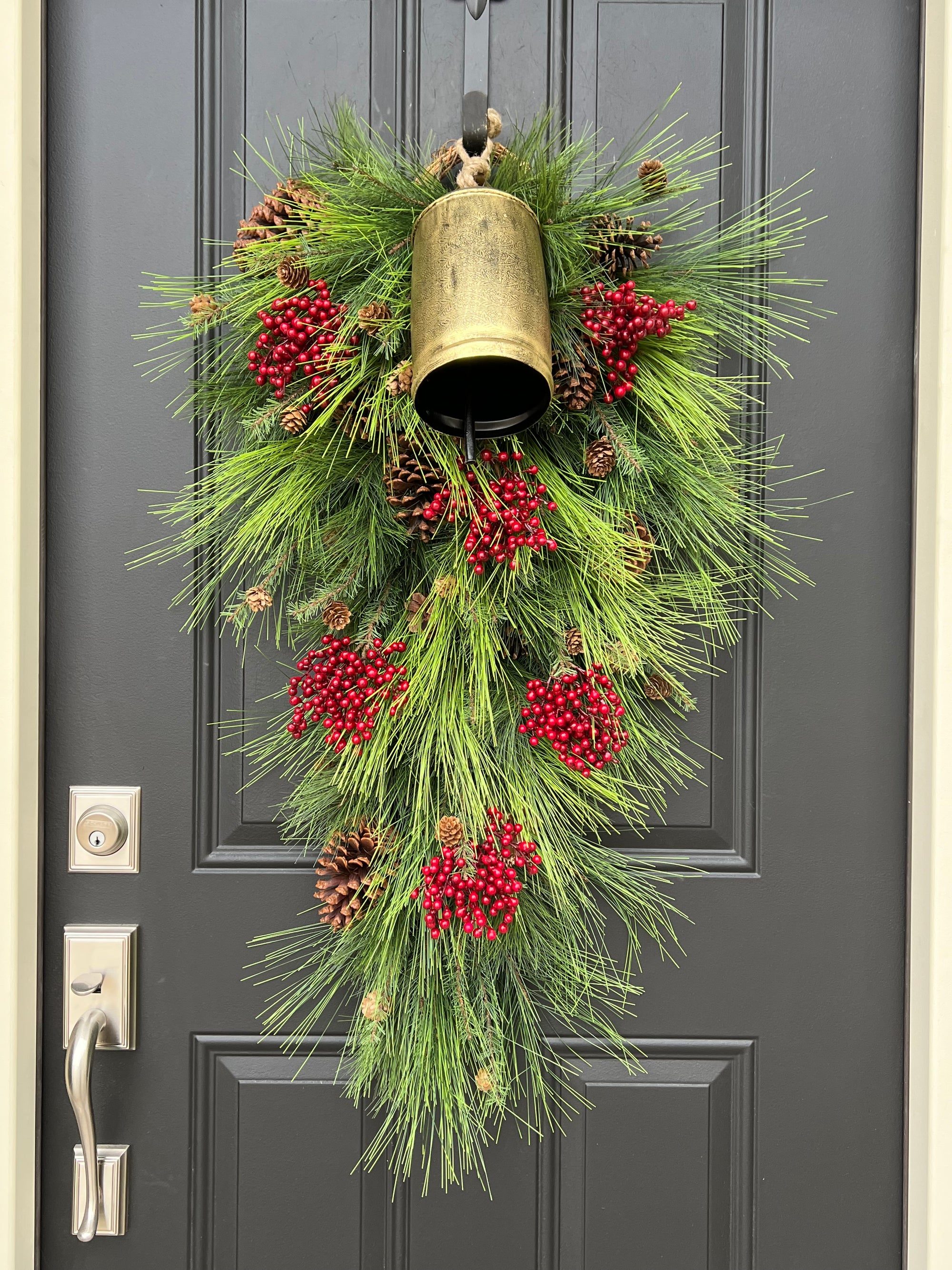 Jingle Bell Christmas Pine Swag Wreath, Jingle All the Way, Gold Hanging Bell for Christmas