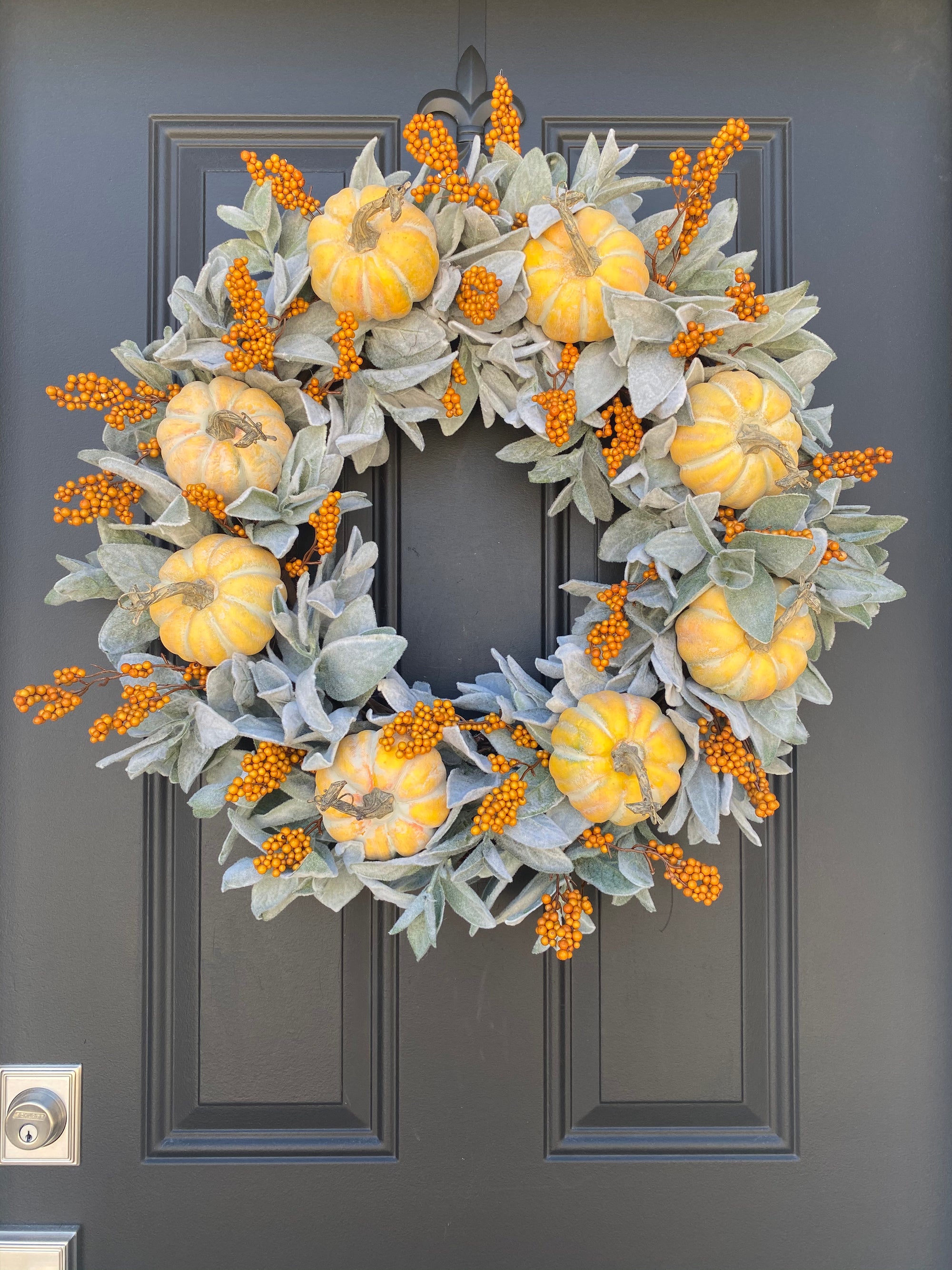 Farmhouse Style Fall Wreath with yellow pumpkins