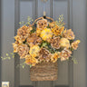 Fall Basket Wreath for Front door with peonies and pumpkins