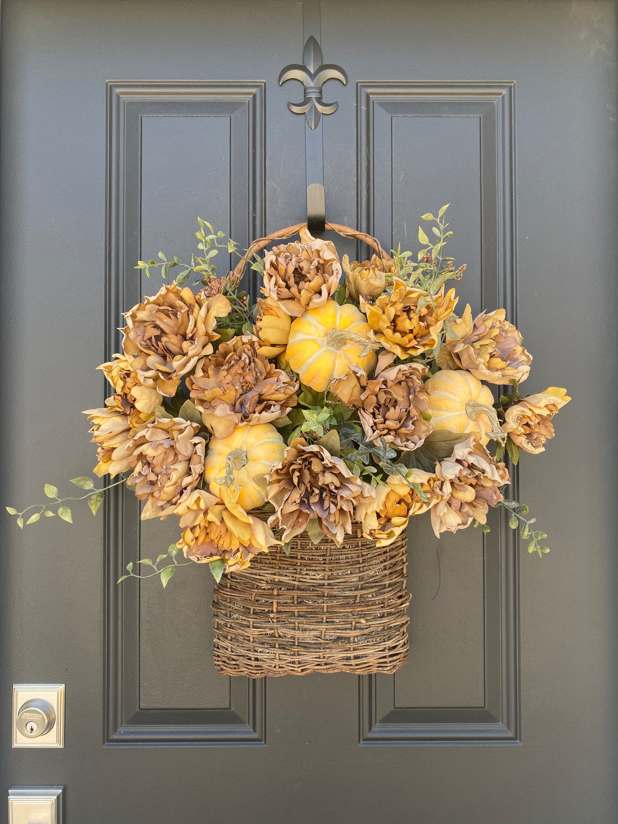 Fall Basket Wreath for Front door with peonies and pumpkins