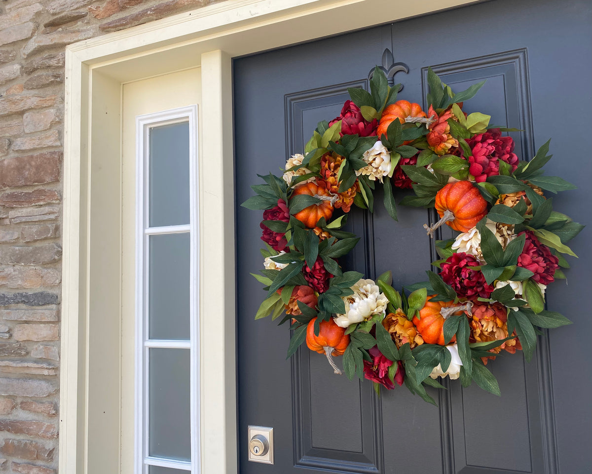 Fall Peony and Pumpkin Wreath - Autumn Year Round Wreaths for Front Door, Artificial Fall Wreath, Autumn Front Door Wreath Thanksgiving Wreath for