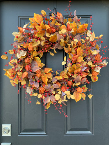 Front Door Fall Foliage and Lantern Pod Wreath - TwoInspireYou