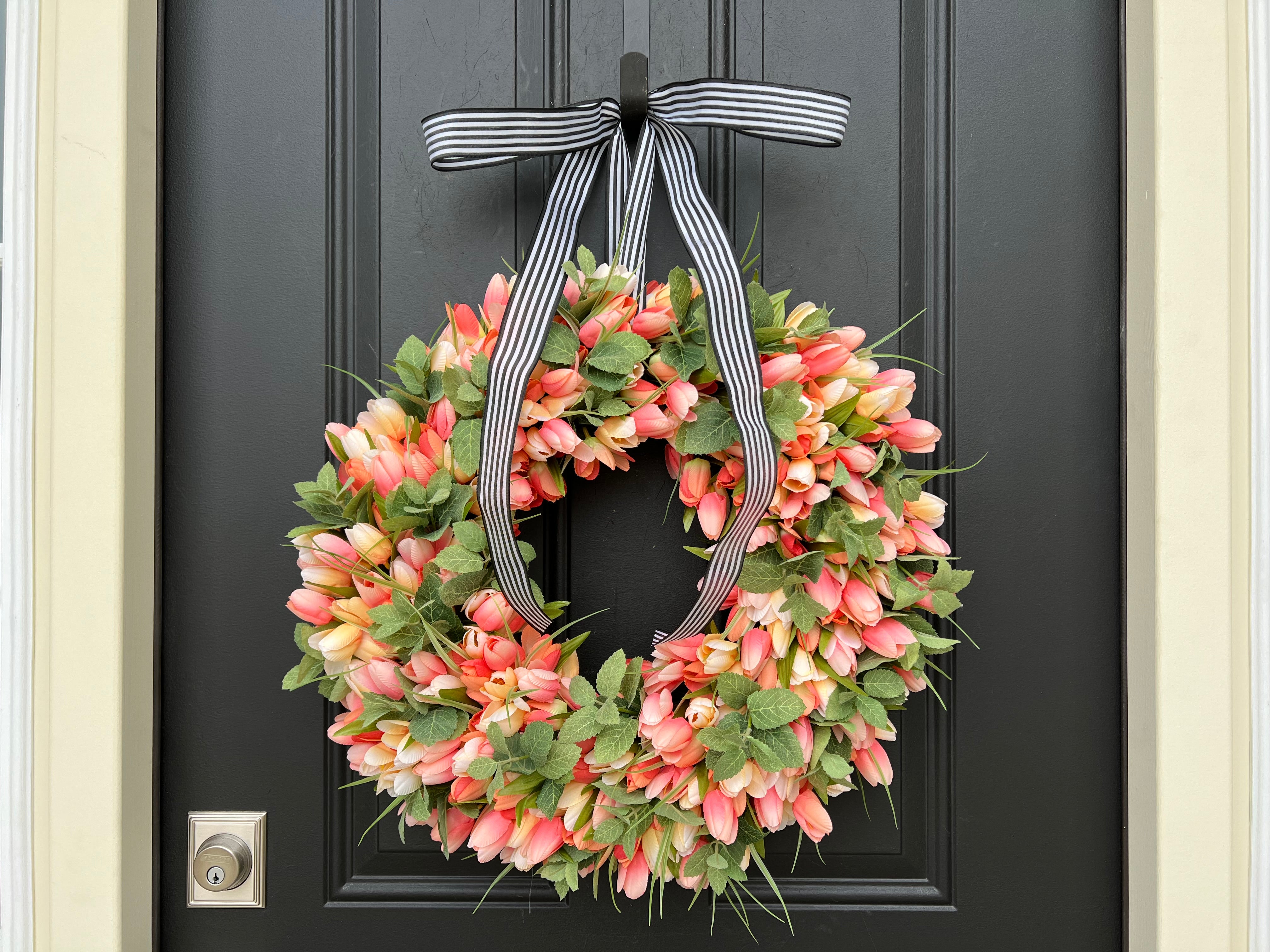 Peach Fuzz Tulip Wreath with Mint Leaves