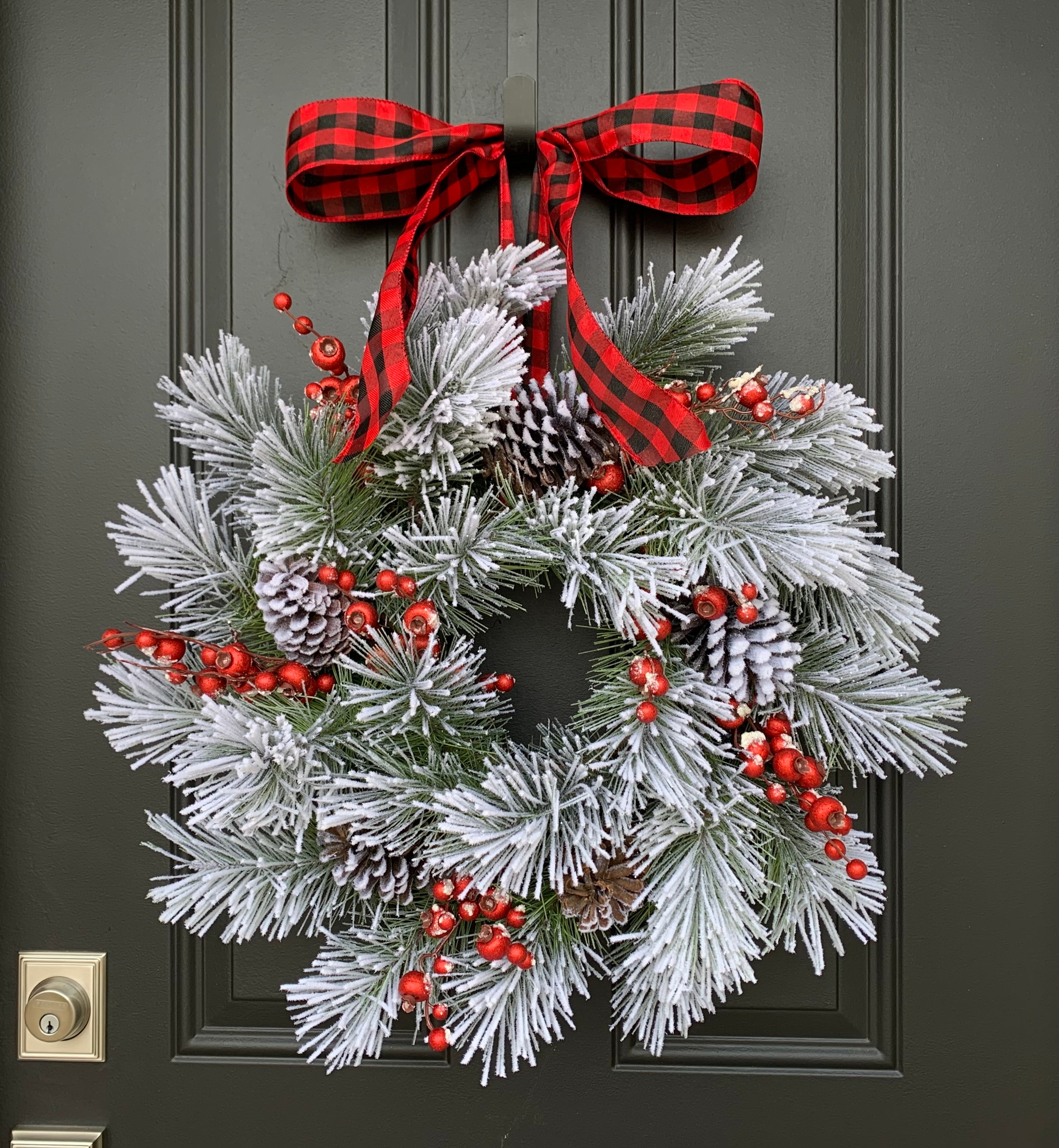 Flocked Winter Pine Wreath with Red Berries