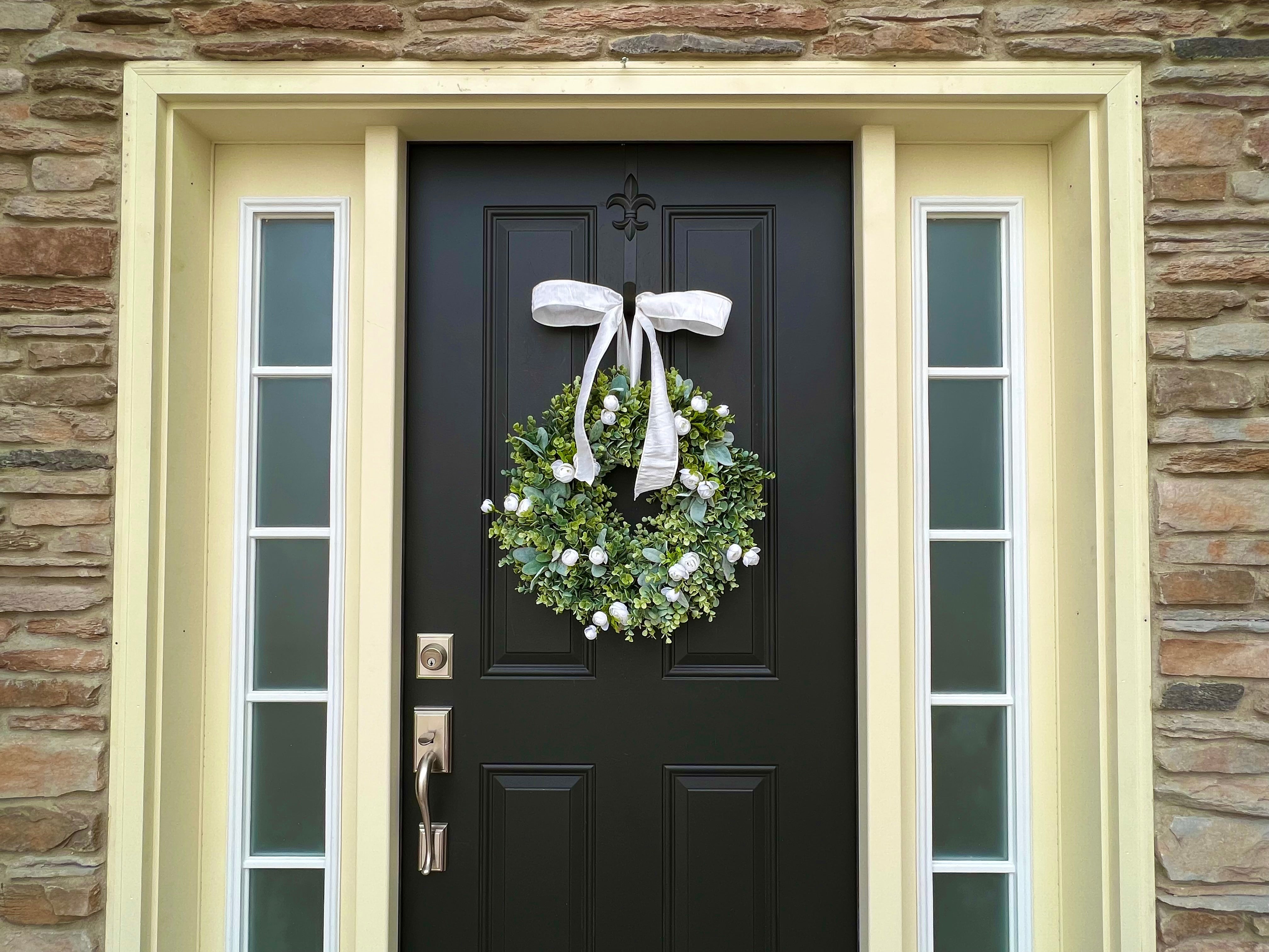 Spring Eucalyptus, Lamb's Ear, and Cream Ranunculus Wreath