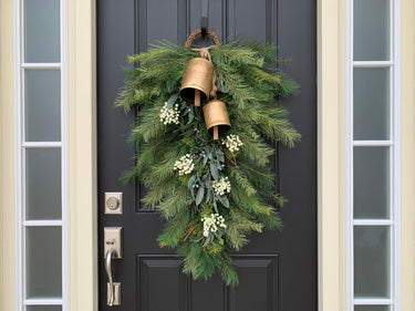 Holiday Pine Swag Teardrop Wreath with White Berries and Hanging Bells - TwoInspireYou