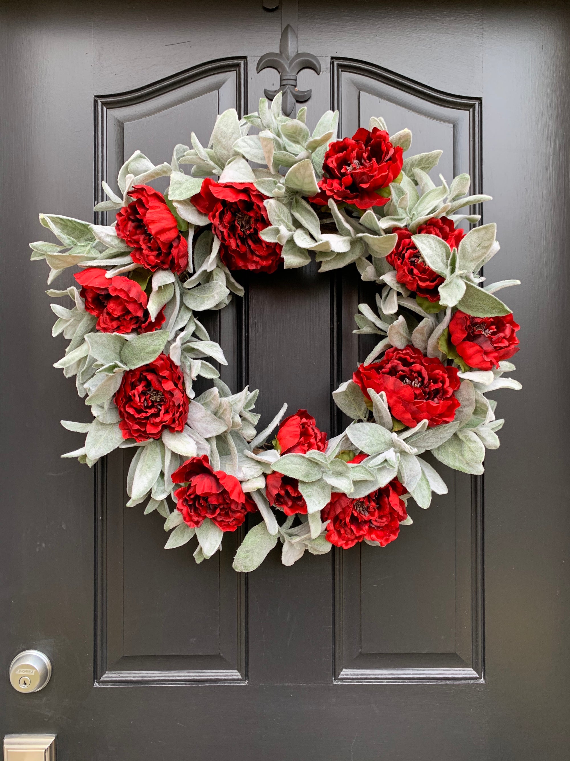 Holiday Lambs Ear and Red Peony Wreath