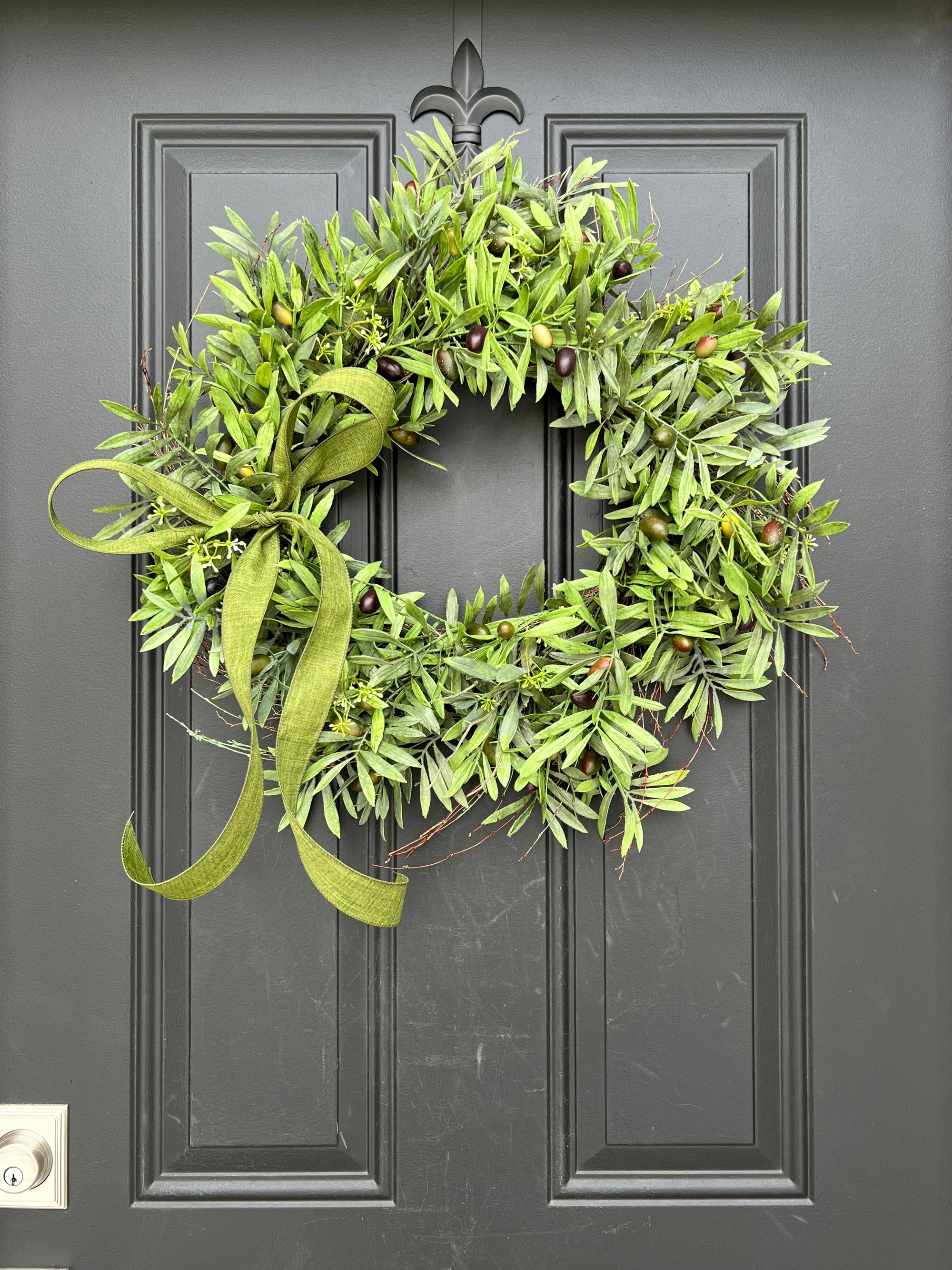 Olive Branch Wreath with Green Linen Ribbon