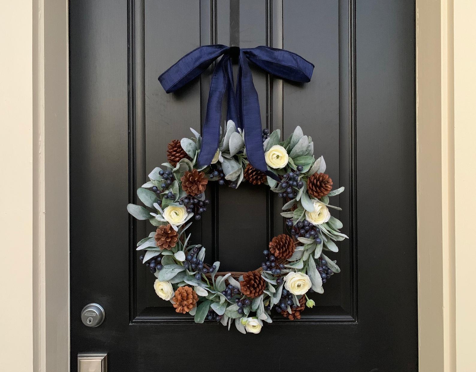 Simple Modern Holiday Lamb's Ear and Pinecone Wreath