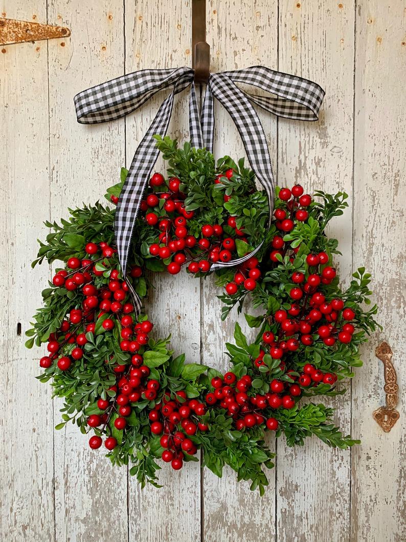 Winter Boxwood and Red Berry Wreath