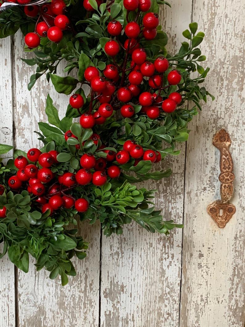 Winter Boxwood and Holly Berry Wreath