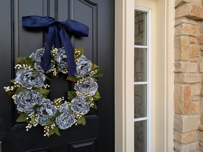 Winter Farmhouse Gray Peony Wreath