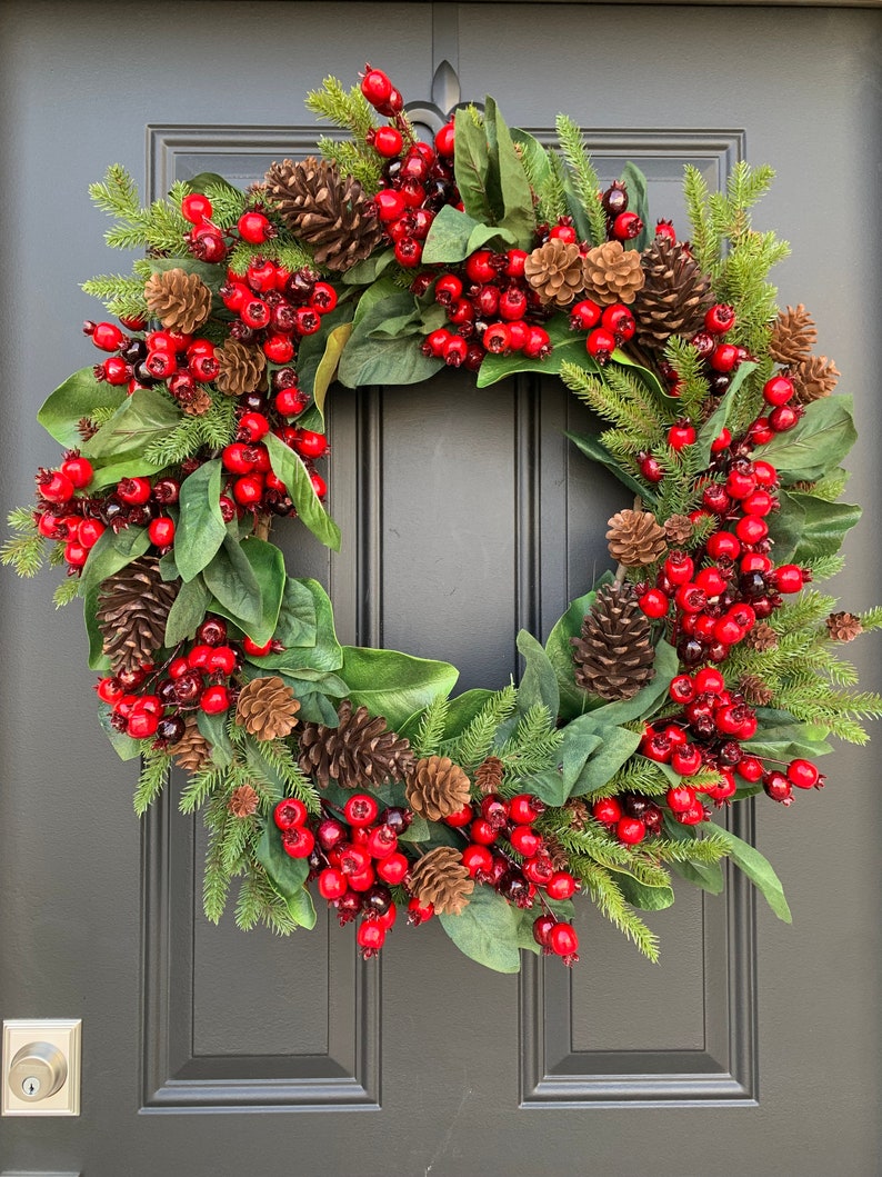 Red and Green Christmas Wreath with Pinecones