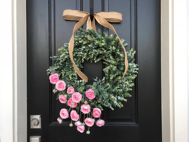 Eucalyptus and ranunculus wreath, front view, black front door, spring and summer wreath, pink flowers