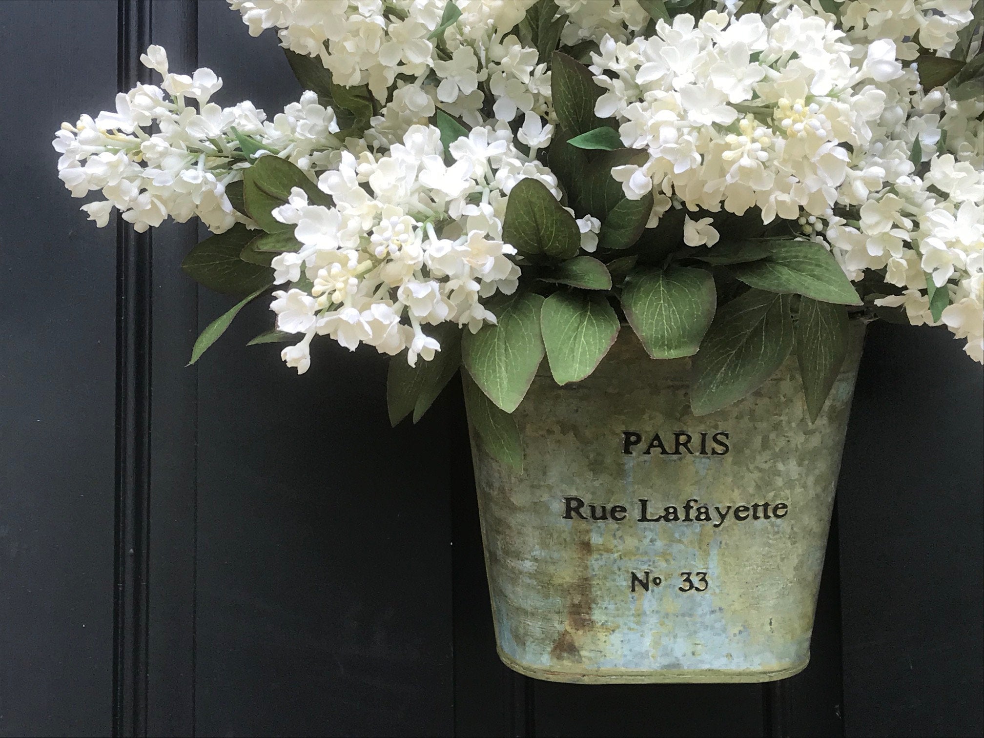 White Lilac Wreaths for Front Door, Farmhouse Porch Decor, Bucket of Lilacs Door Hanging - TwoInspireYou