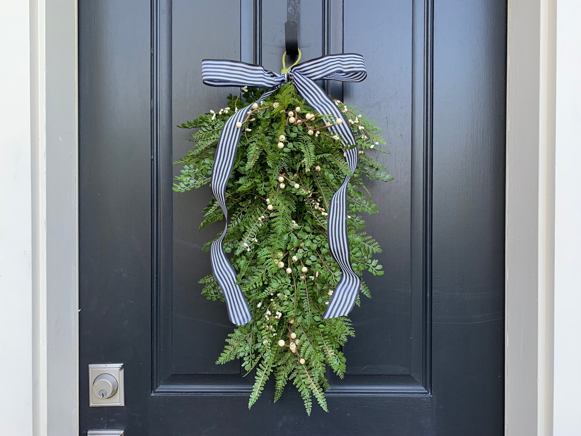 Fern Swag Wreath, Teardrop Door Decor, Year Round Fern Wreaths with Cream Berries