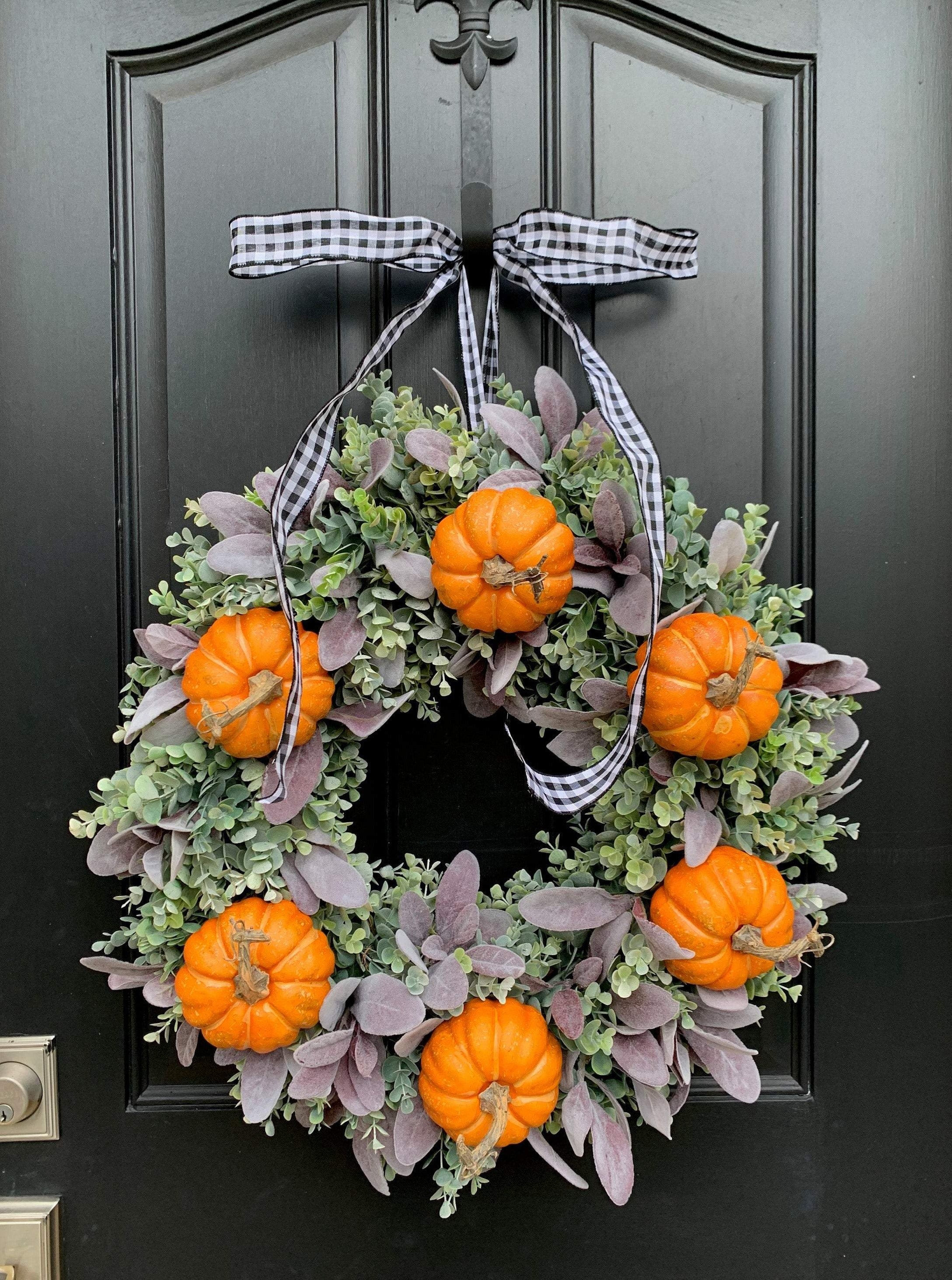 Fall Lamb's Ear and Pumpkin Wreath