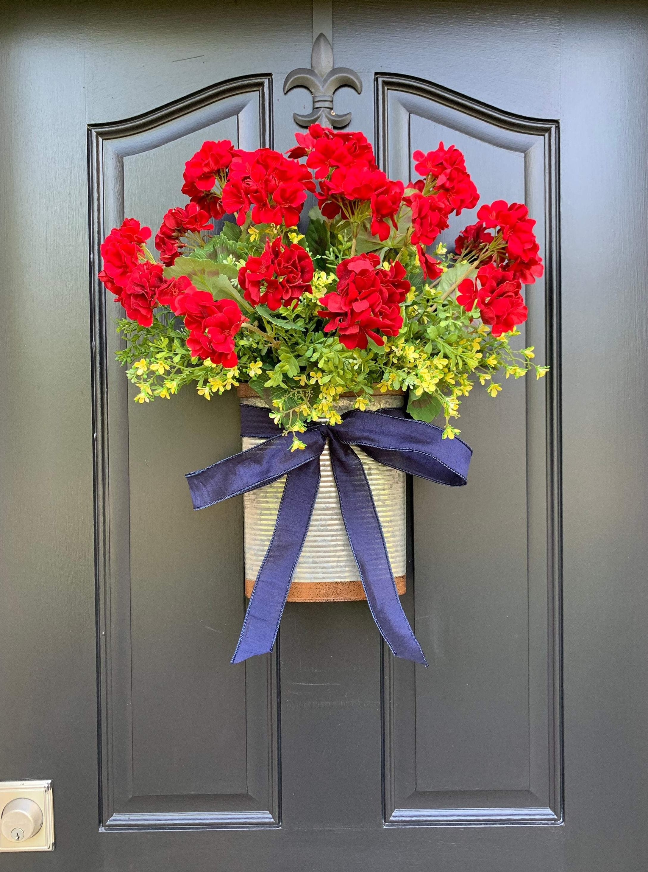 Geranium and Yellow Flower Bucket Wreath