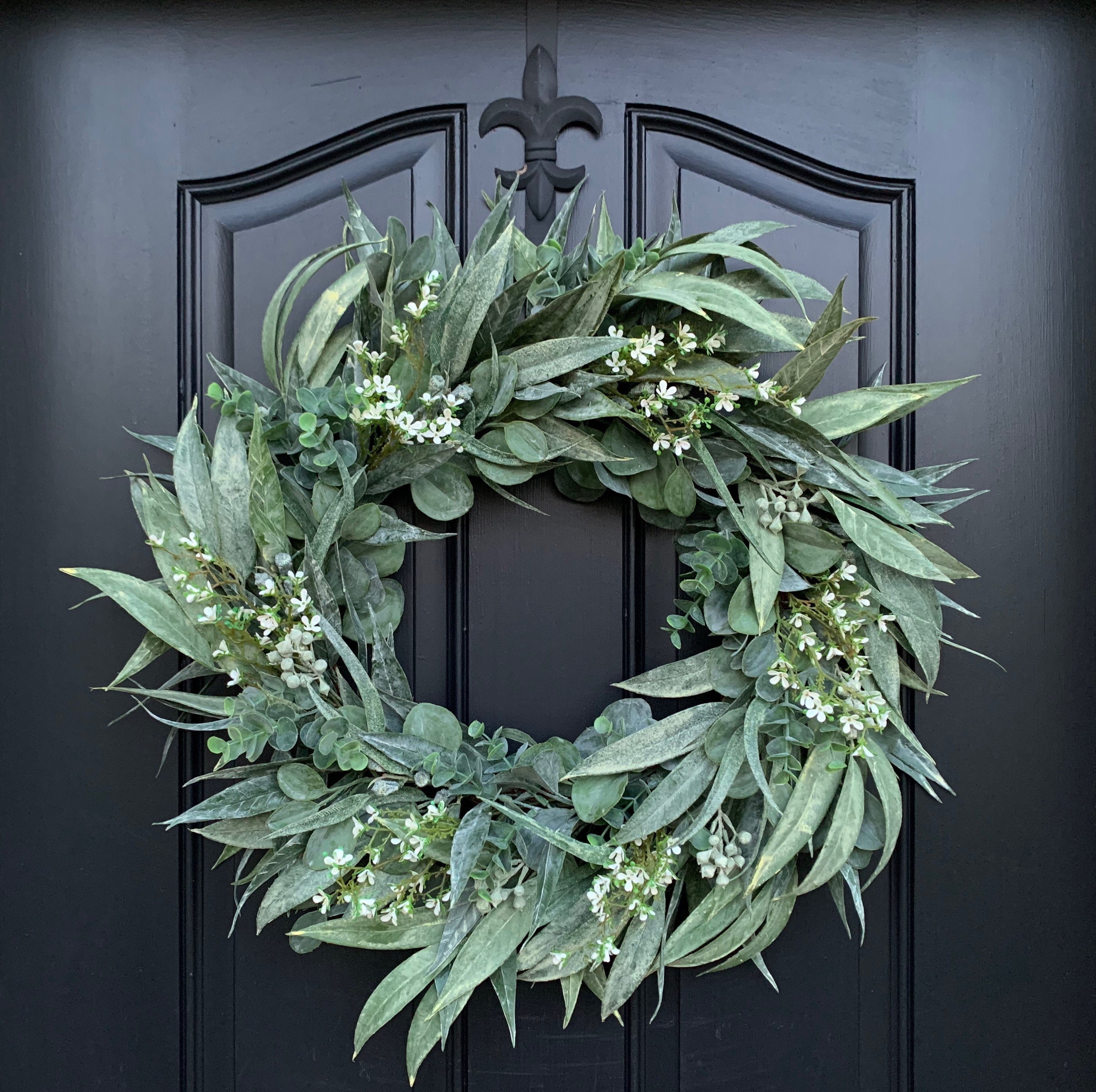 Eucalyptus and Bay Leaf Wreath on black front door