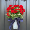 Red Geranium Bucket Wreath with Navy ribbon