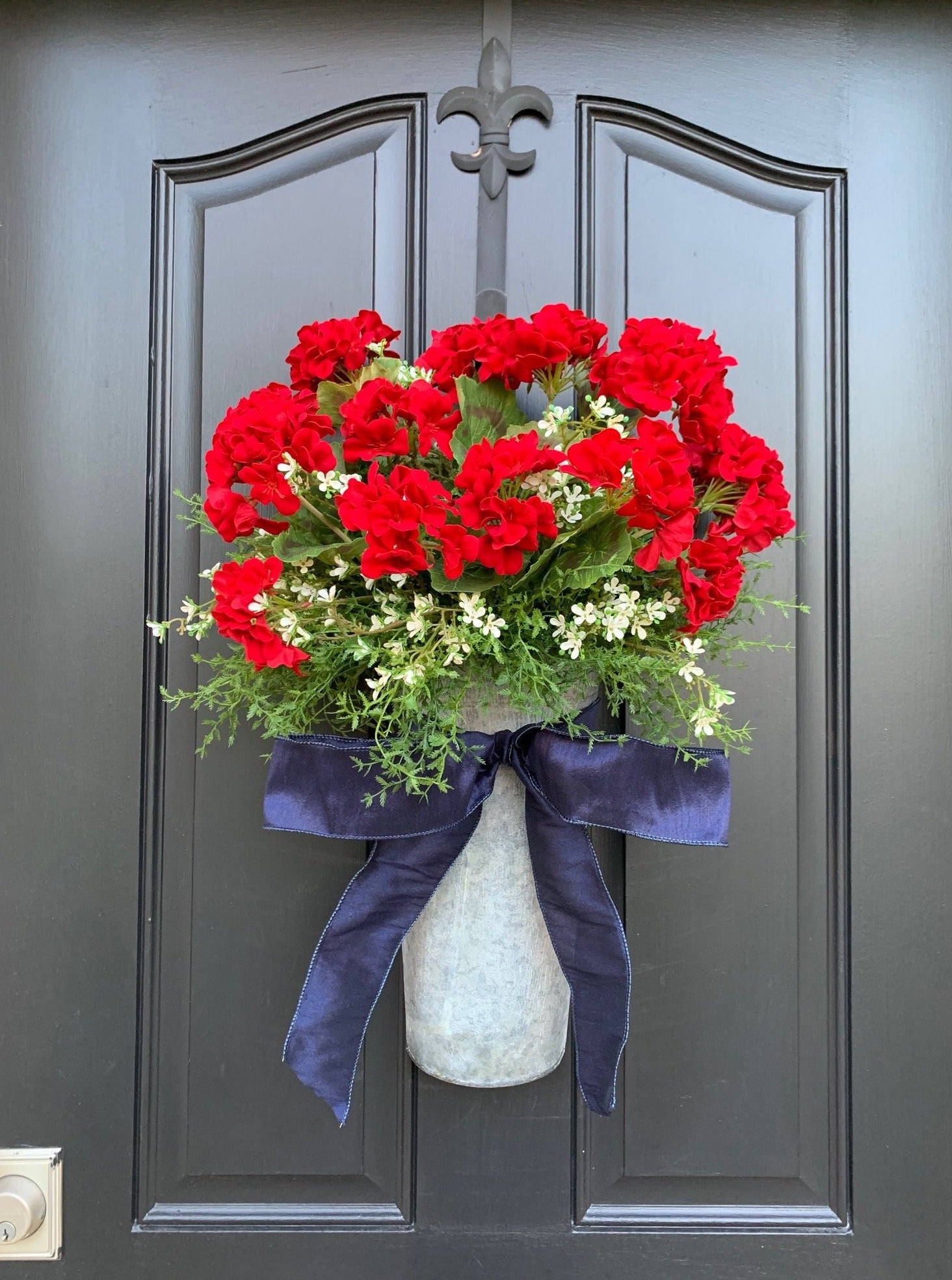 Red Geranium Bucket Wreath with Navy ribbon