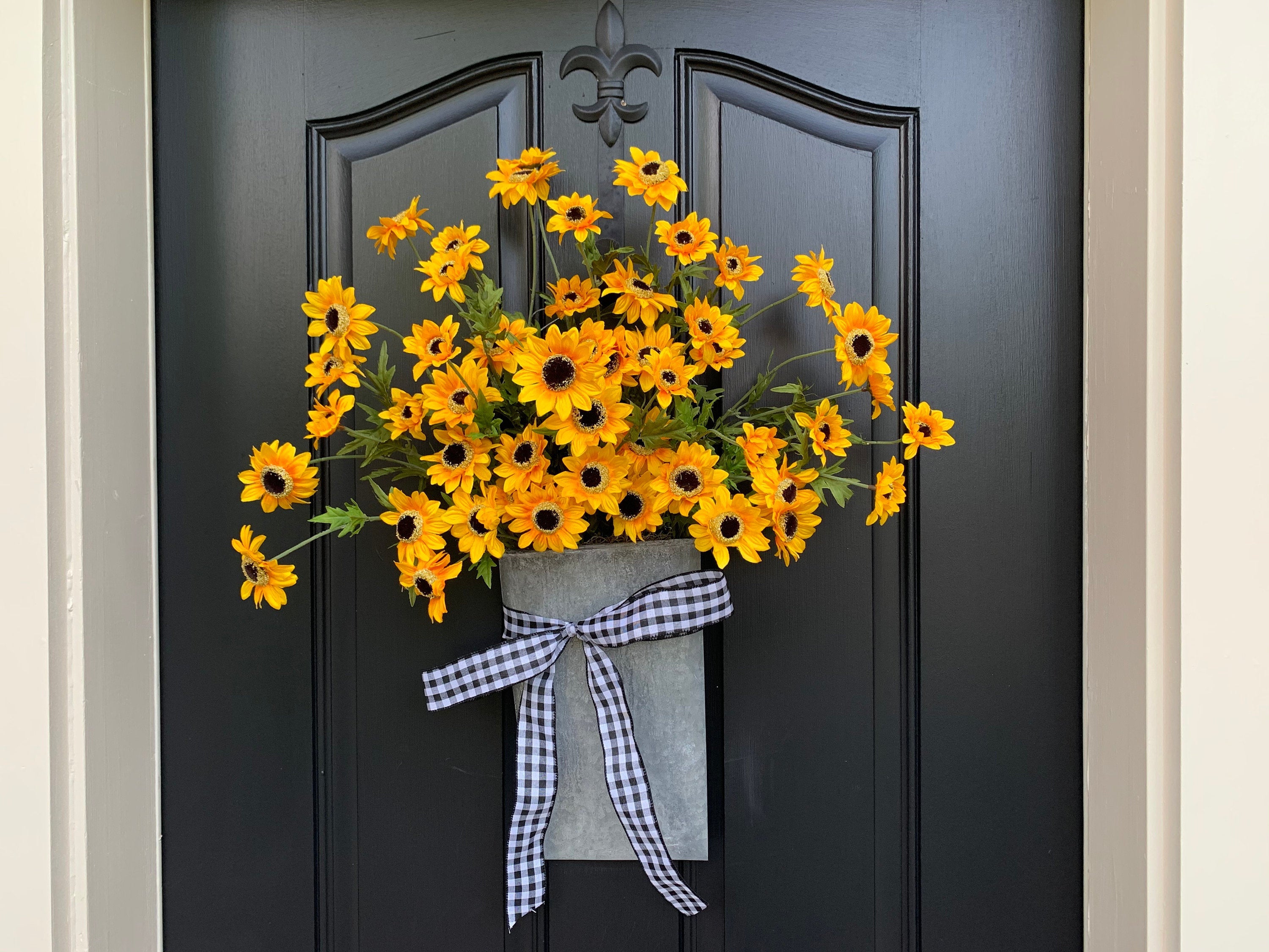 Yellow Black Eyed Susan Flower Basket, Front Door Summer/Fall Door Hanger - TwoInspireYou