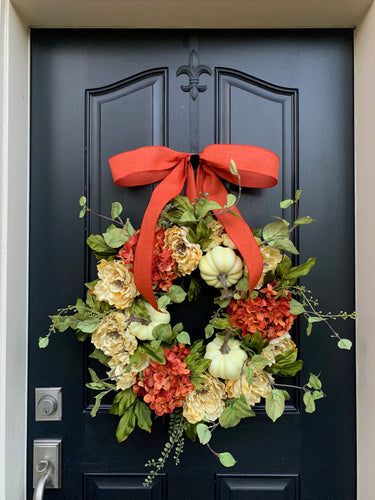 Fall Orange and Cream Peony Wreath with Pumpkins - TwoInspireYou